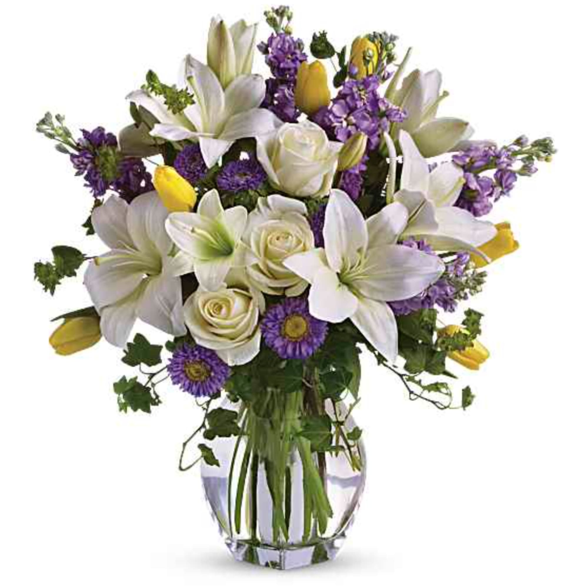 Graceful, elegant and timeless, this beautiful spring bouquet offers up colors, blossoms