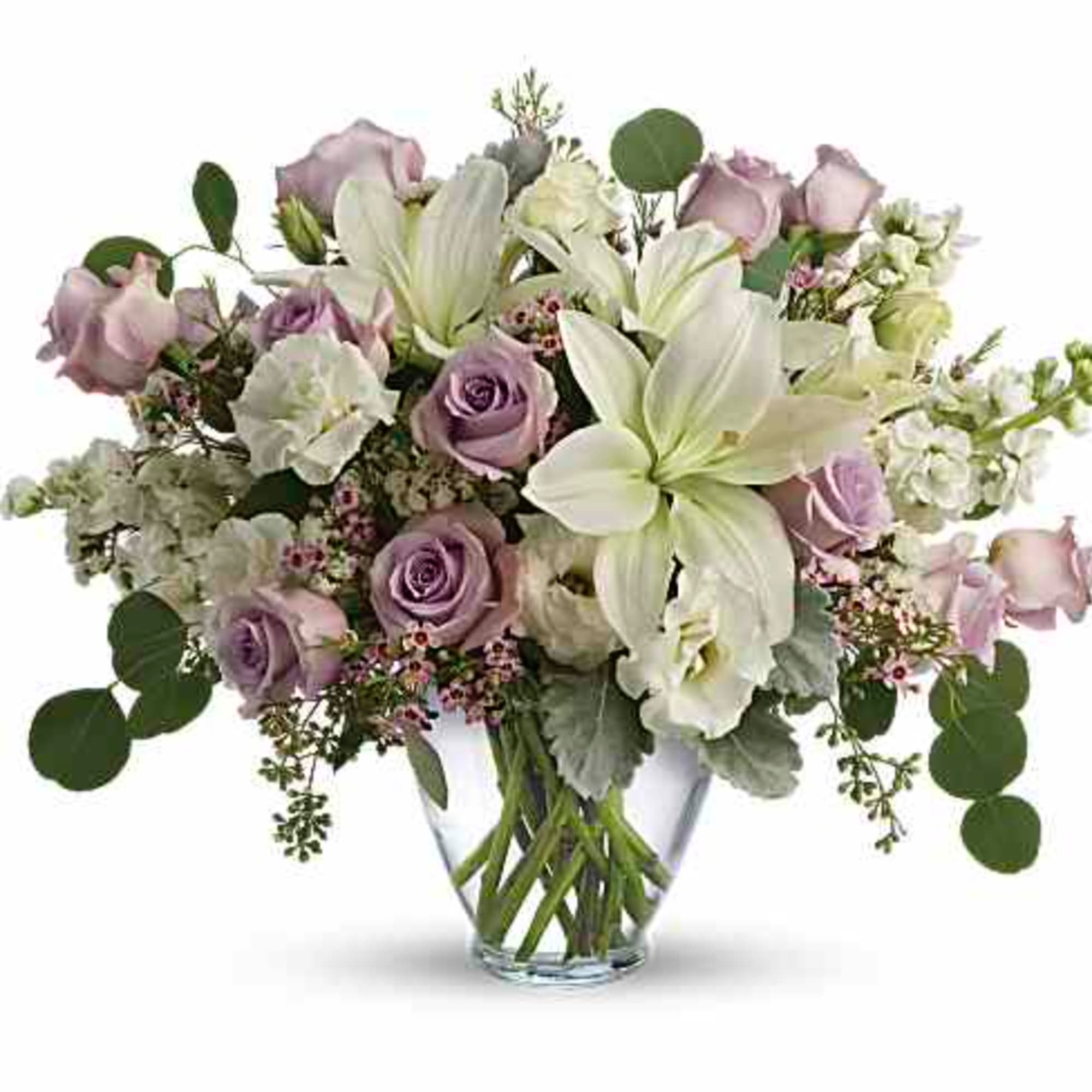 Pamper your lovely with this luxurious lavender and cream bouquet! Ravishing roses