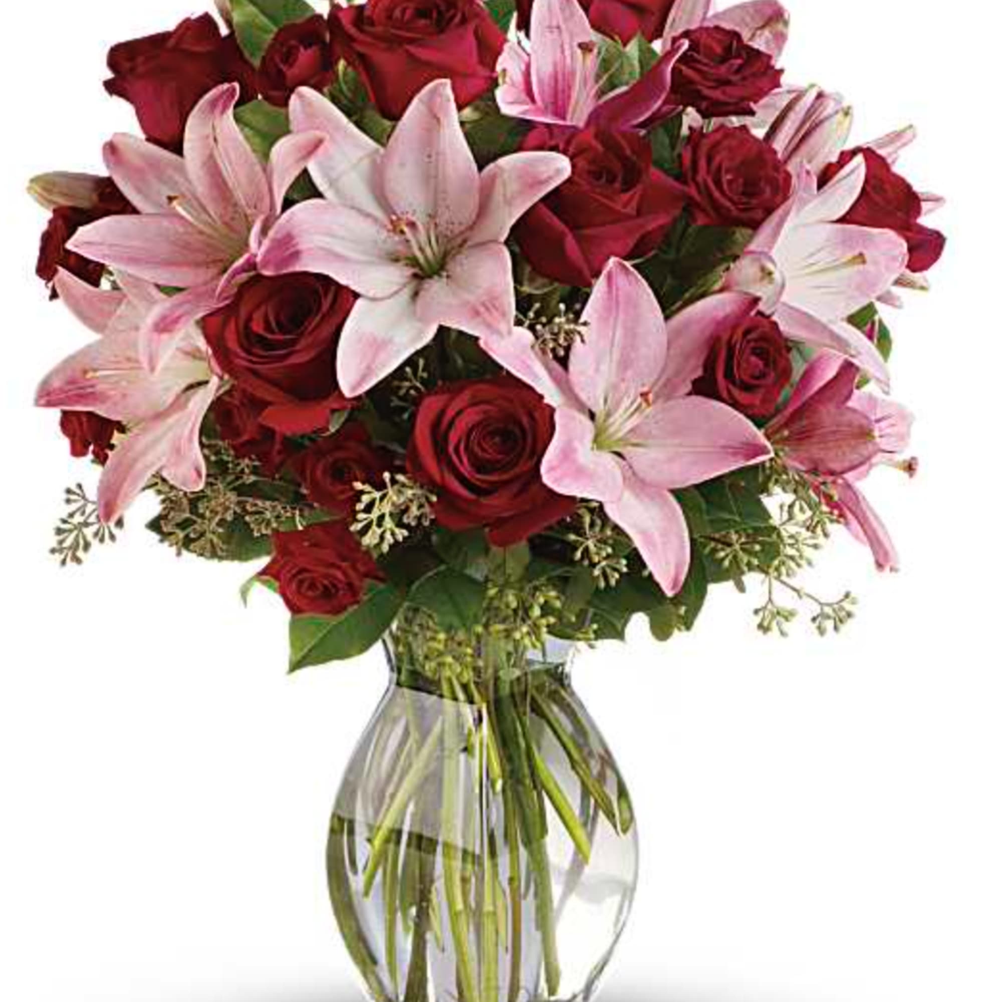 Lovely reds and pinks come together in this lavishly romantic anniversary gift.
