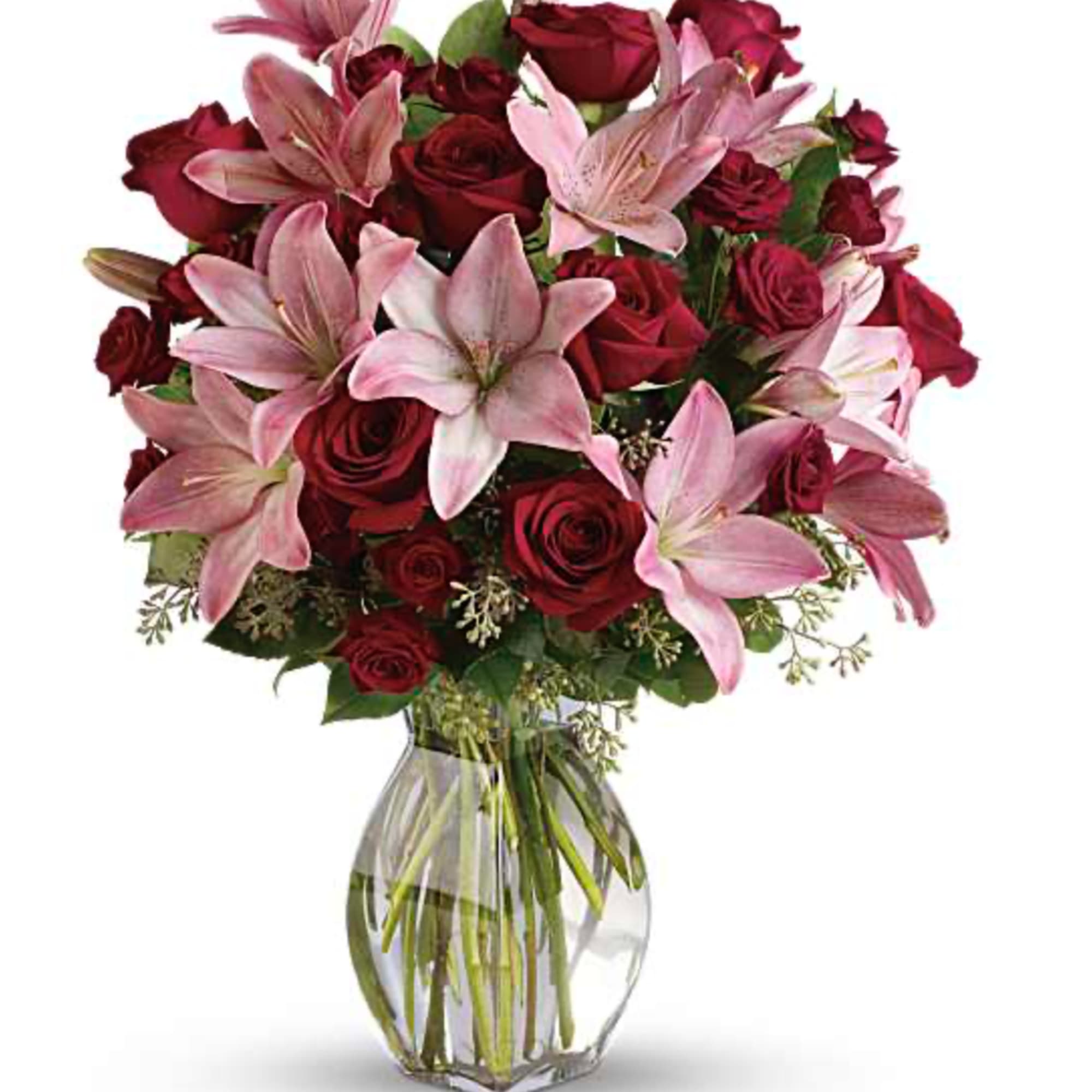 Lovely reds and pinks come together in this lavishly romantic anniversary gift.