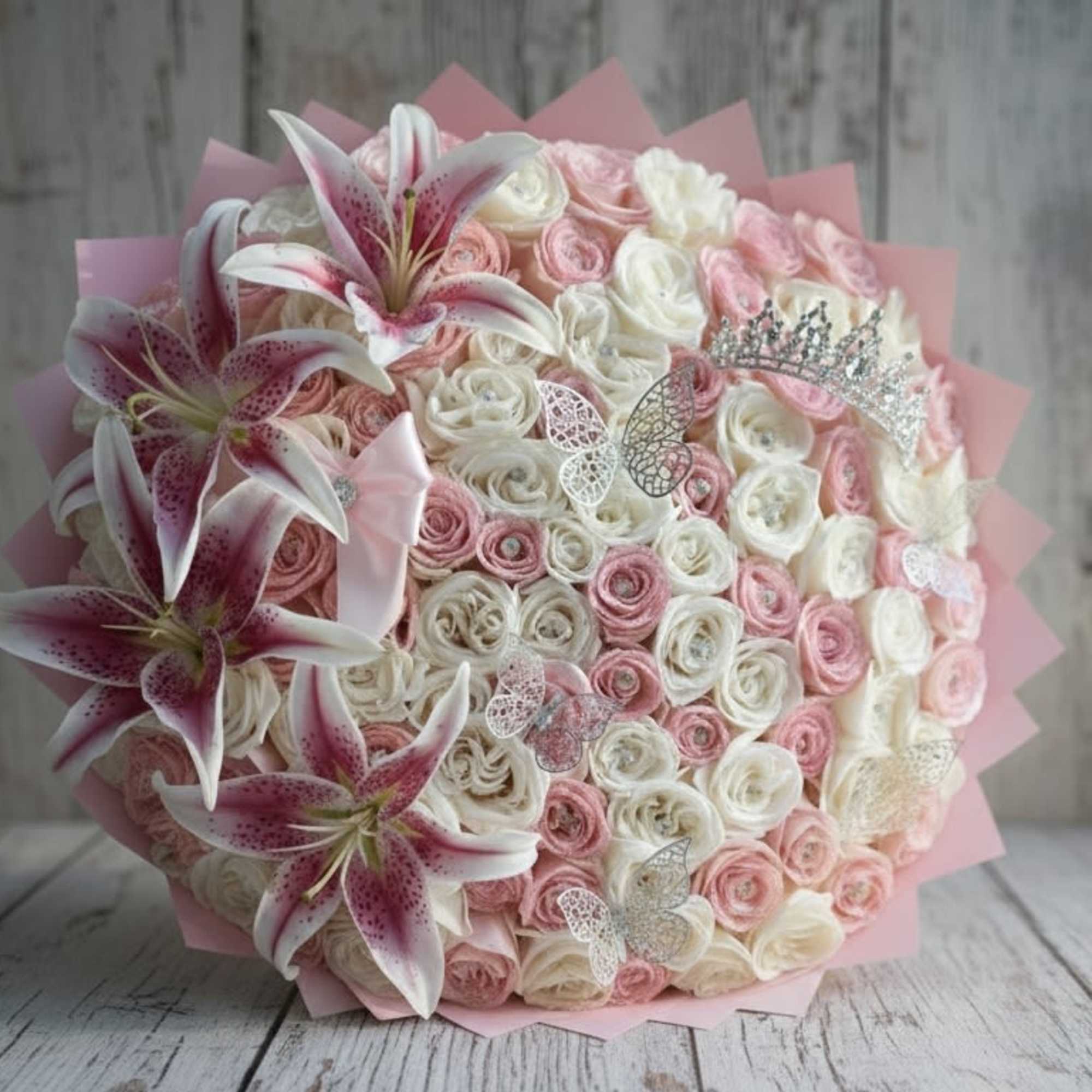 This Luxury Rose Bouquet with Lily Accents features premium fresh roses arranged