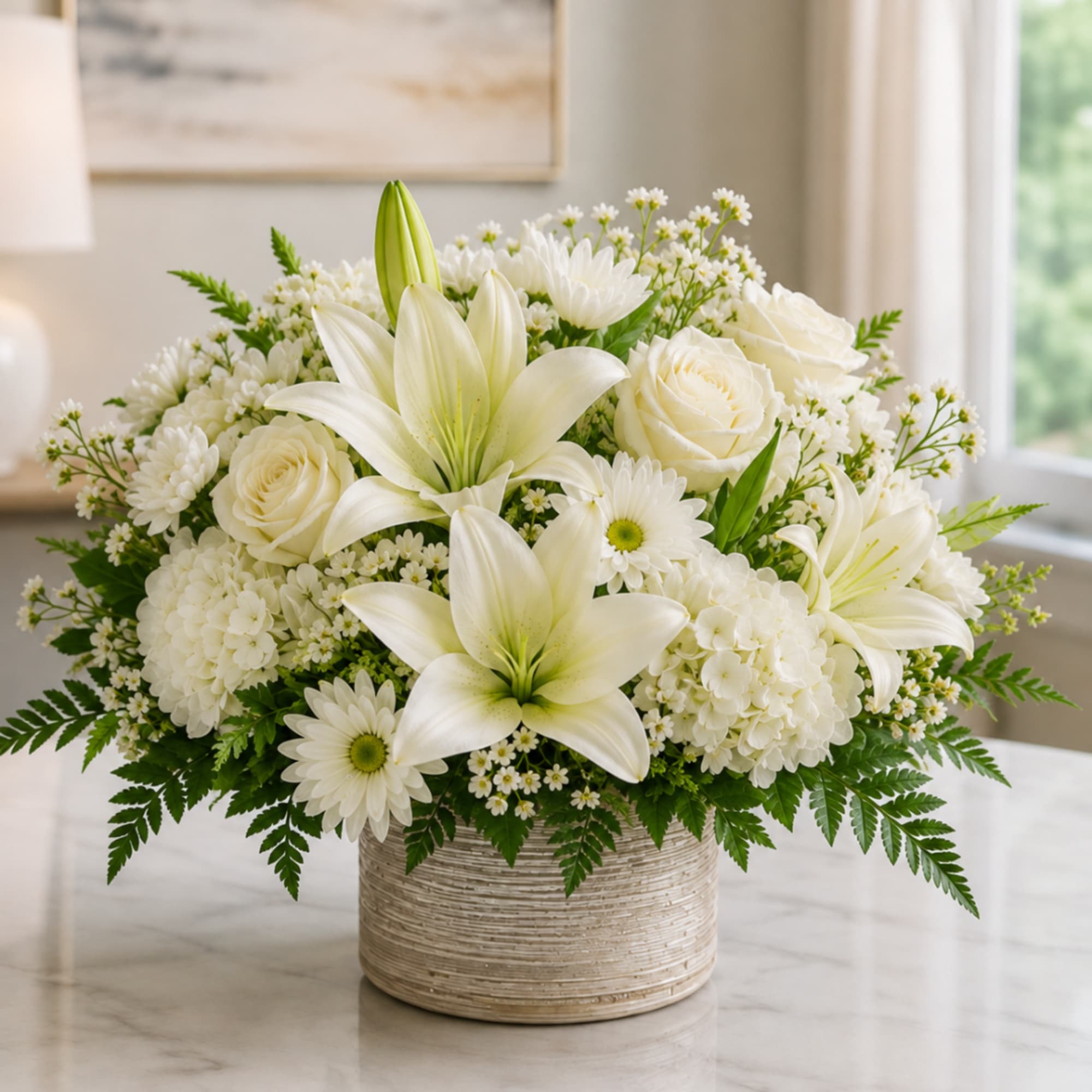 White lilies, roses, and daisies arranged in a round basket vase