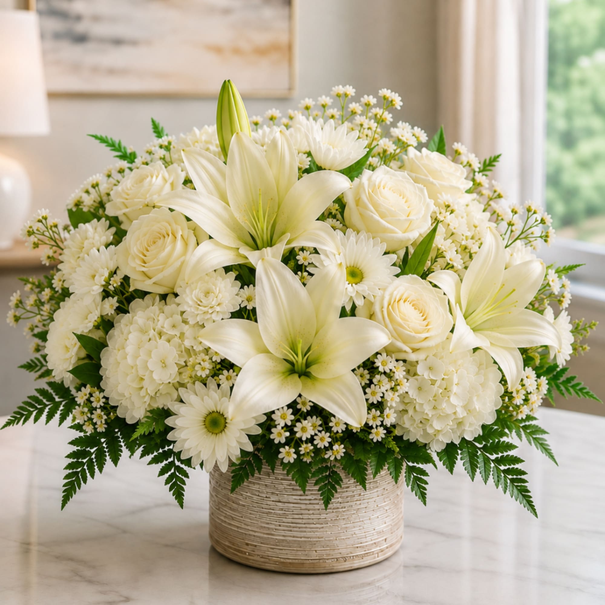 White lilies, roses, and daisies arranged in a woven basket