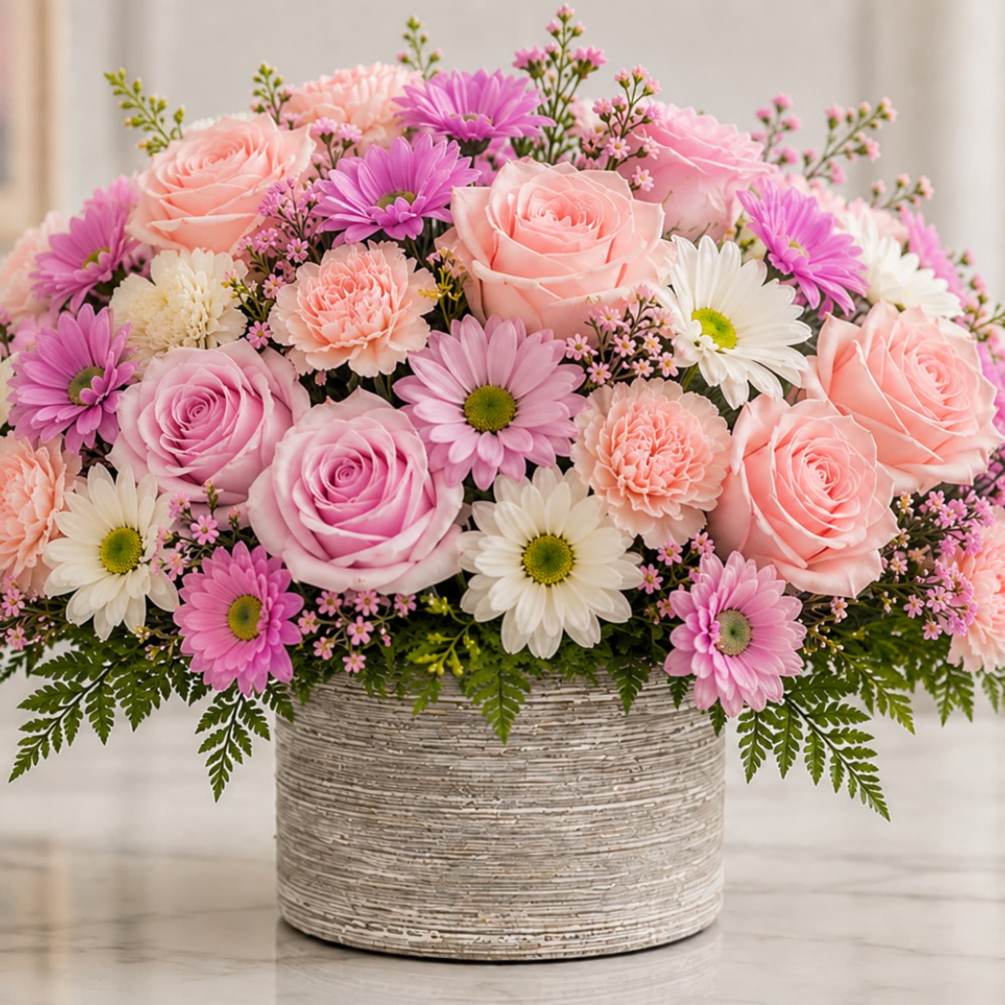 Pink and white mixed flowers arranged in a textured round basket