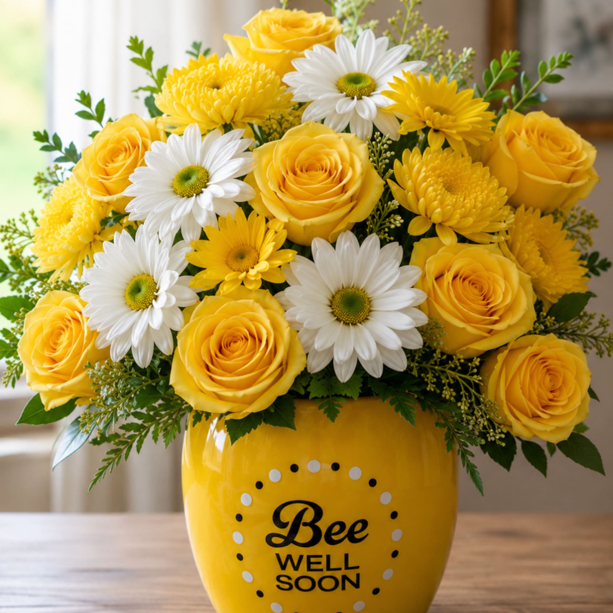Yellow roses and white daisies in a yellow vase with "Bee Well Soon" text