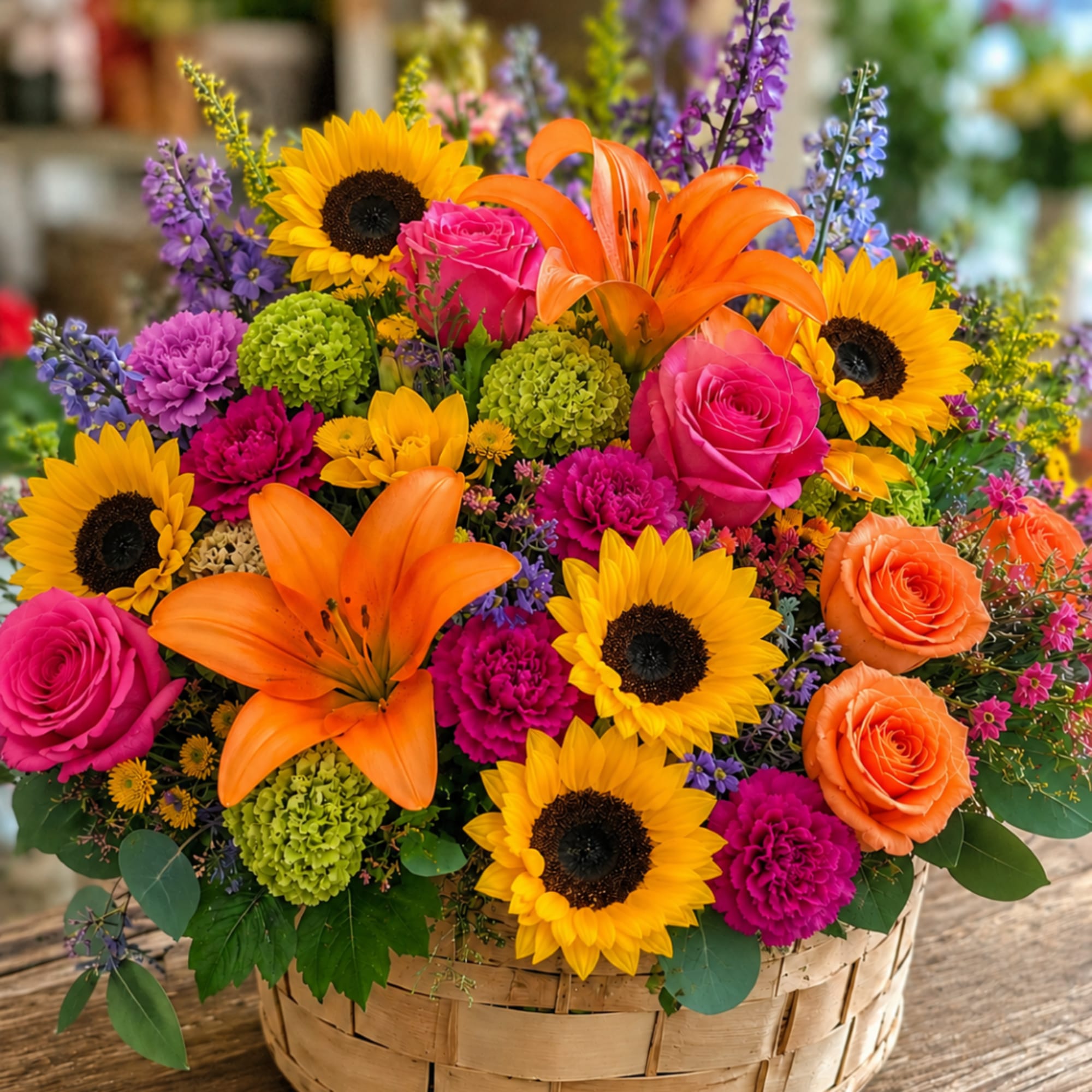 Mixed bouquet in a woven basket with sunflowers, lilies, and roses