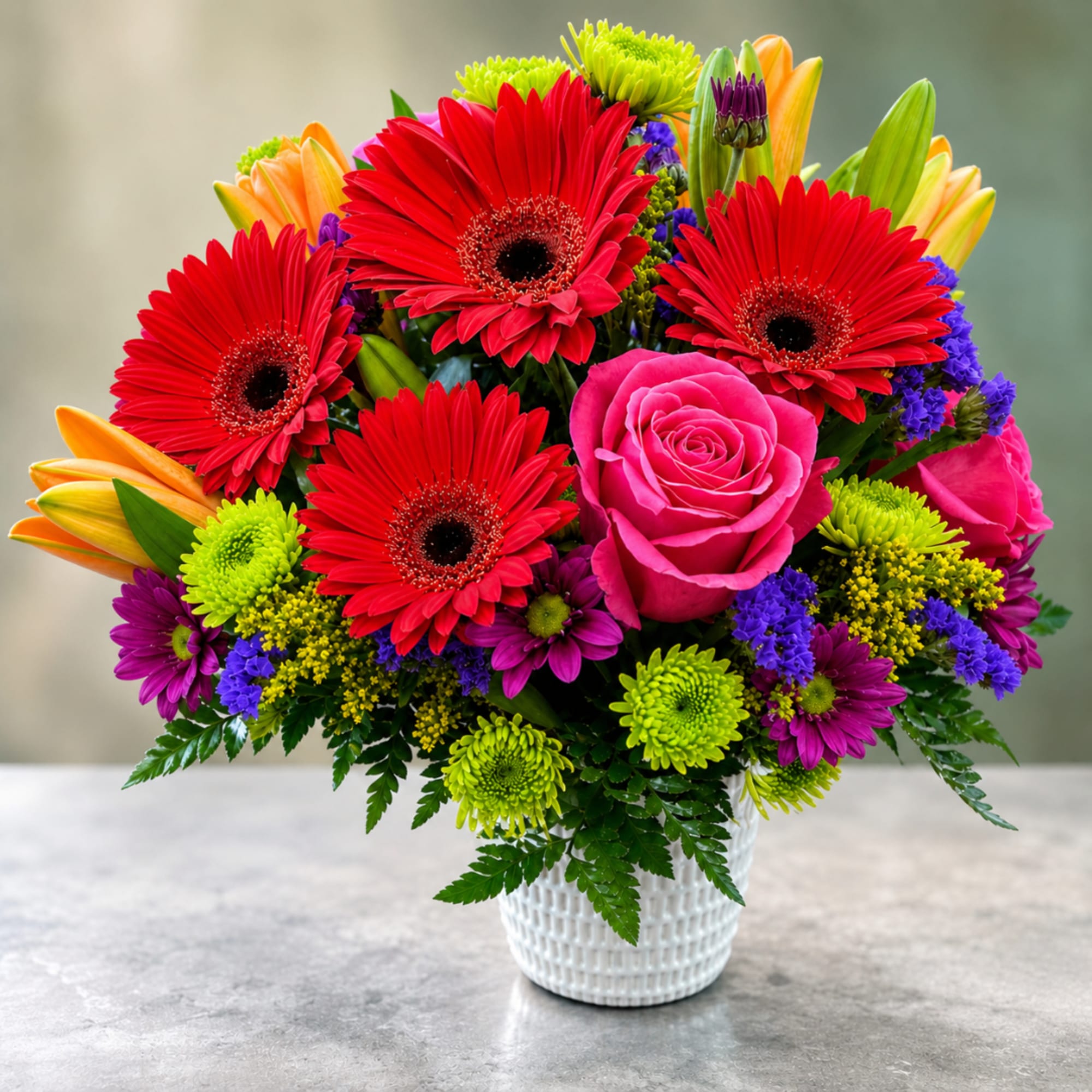 Bright mixed bouquet with red gerbera daisies and pink roses in a white vase