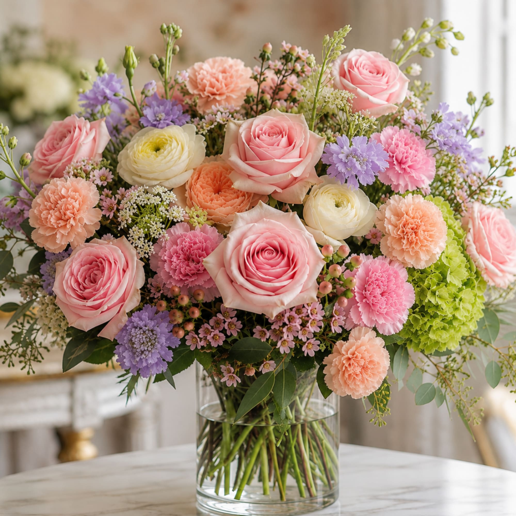 Mixed pastel bouquet of roses, carnations, and purple blooms in a glass vase