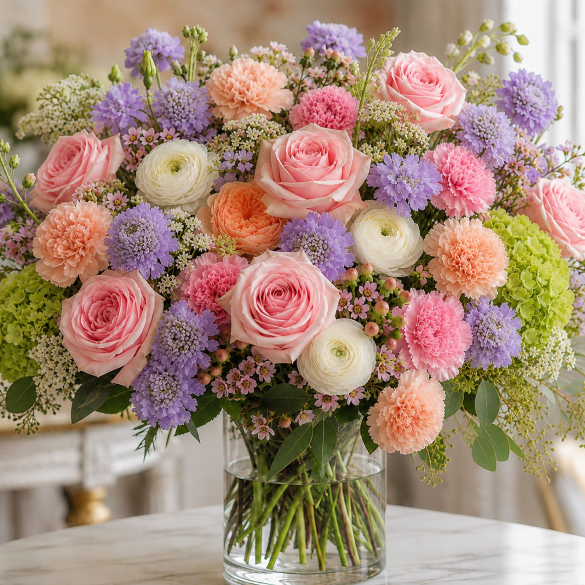 Mixed pink, purple, white, and peach flowers in a clear glass vase