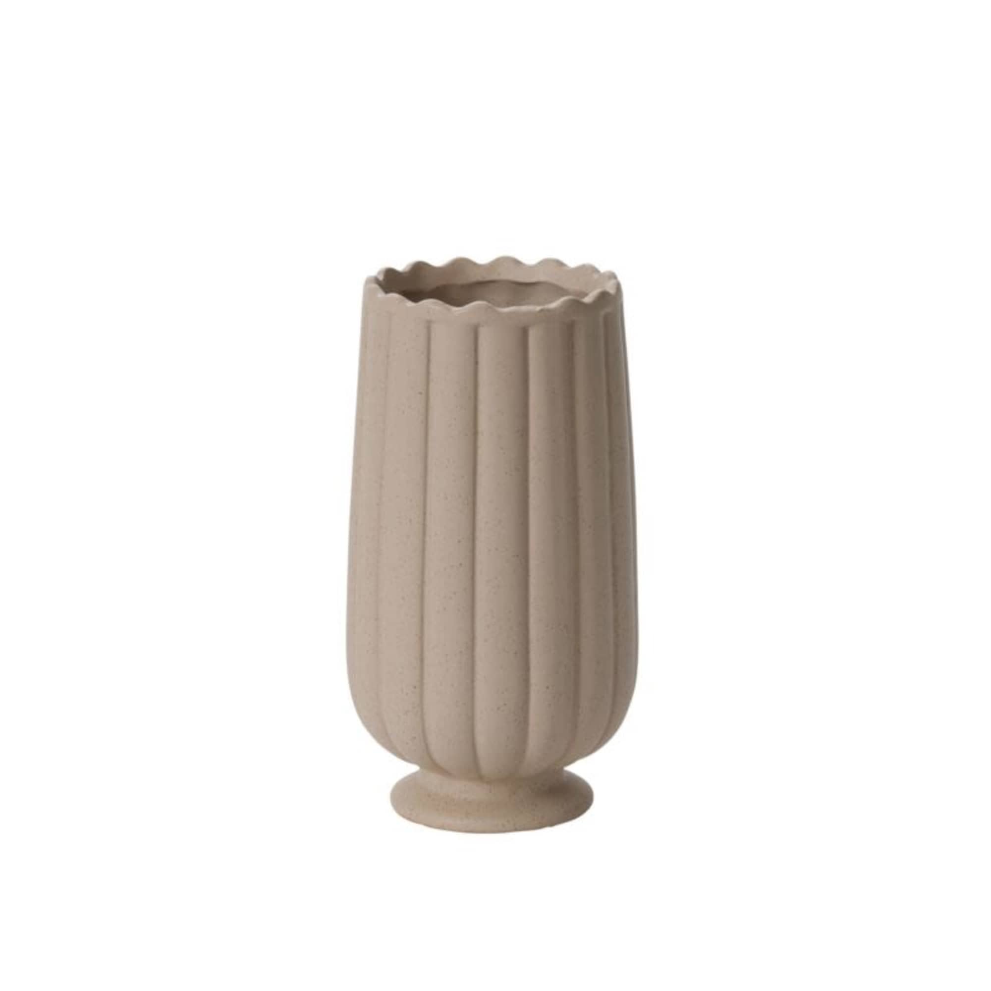 Ceramic vessel with scalloped trim and vertical lines available in two sizes