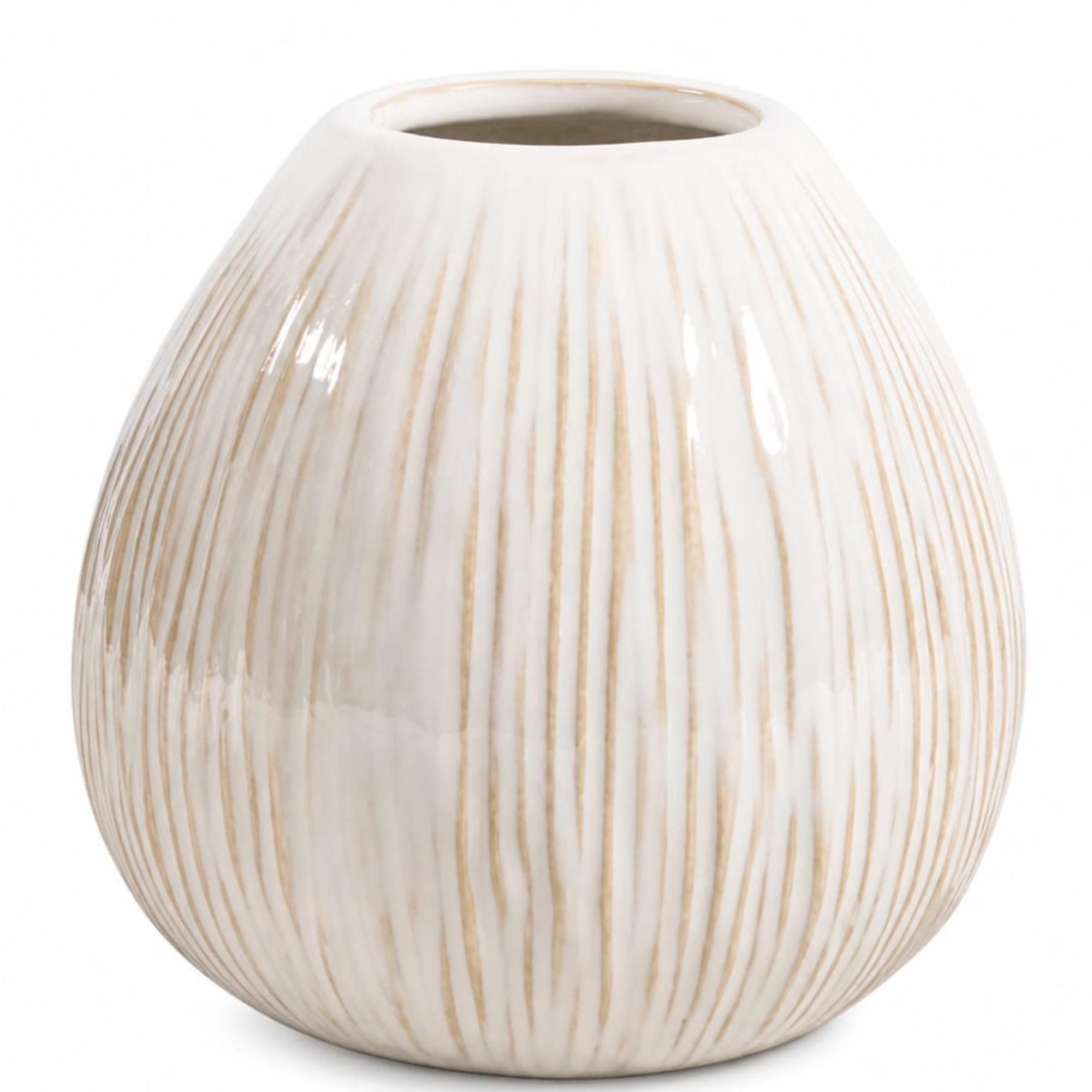 White ceramic vase with thin gold vertical stripes
