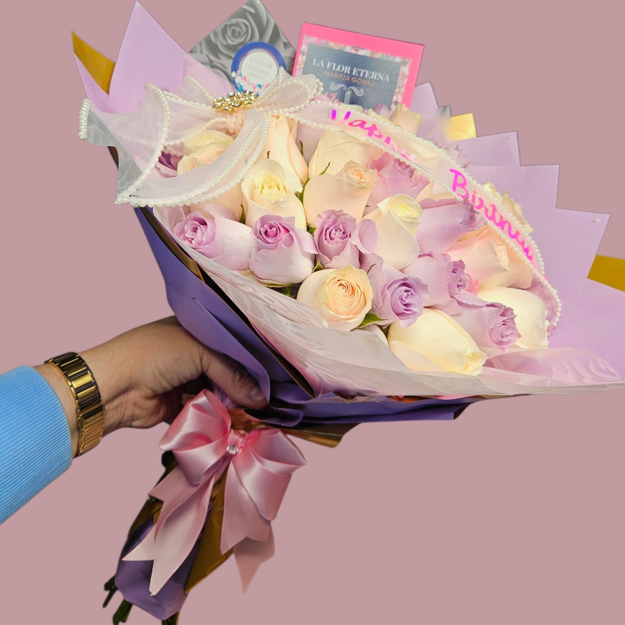 A rounded birthday bouquet of roses in soft blush, cream and lavender, photo 3 of 3