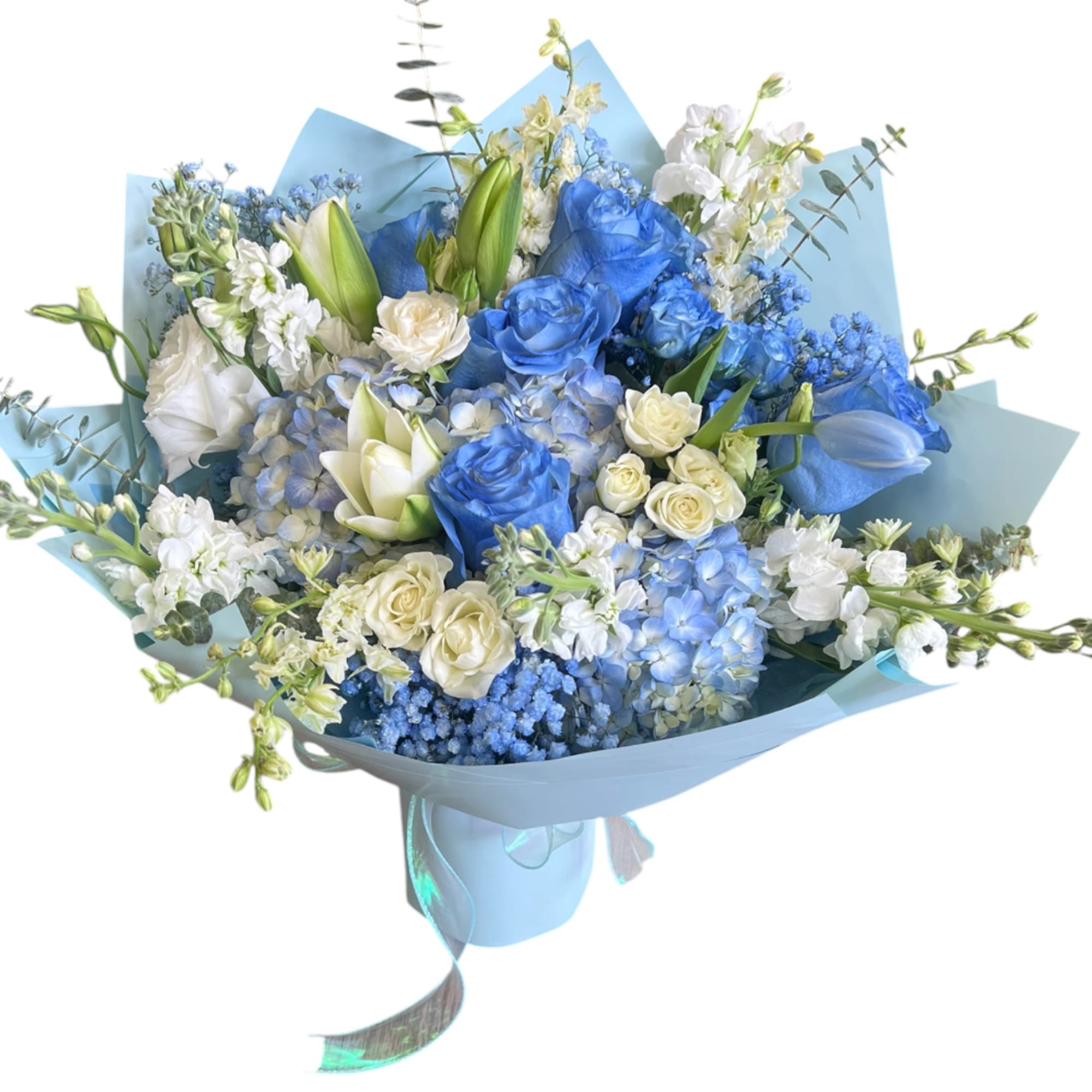 Blue and white bouquet with roses, lilies, and hydrangeas wrapped in pale blue paper, photo 2 of 2