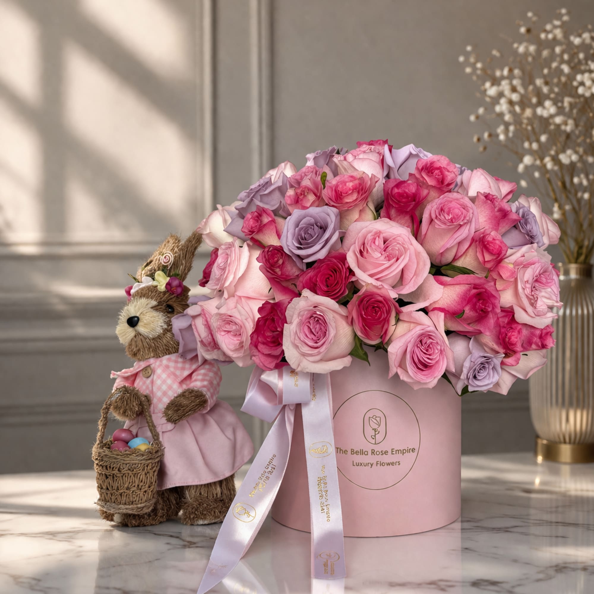 Beautiful personalized box with pink satin finishes accompanied by natural roses chosen
