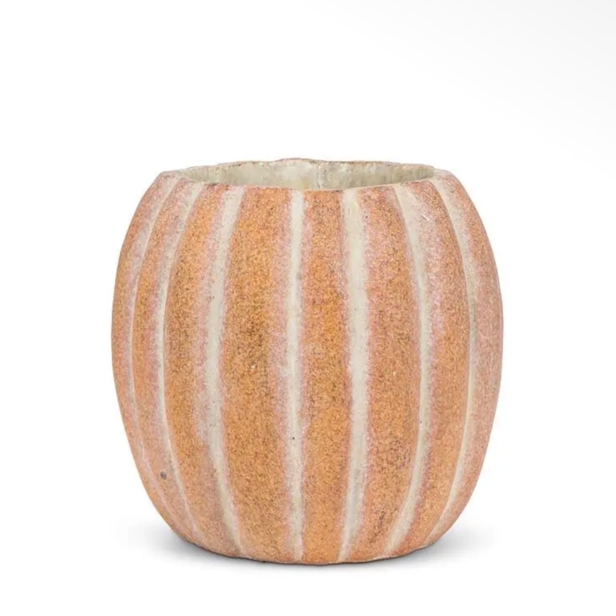 Striped orange ceramic vase on a white background