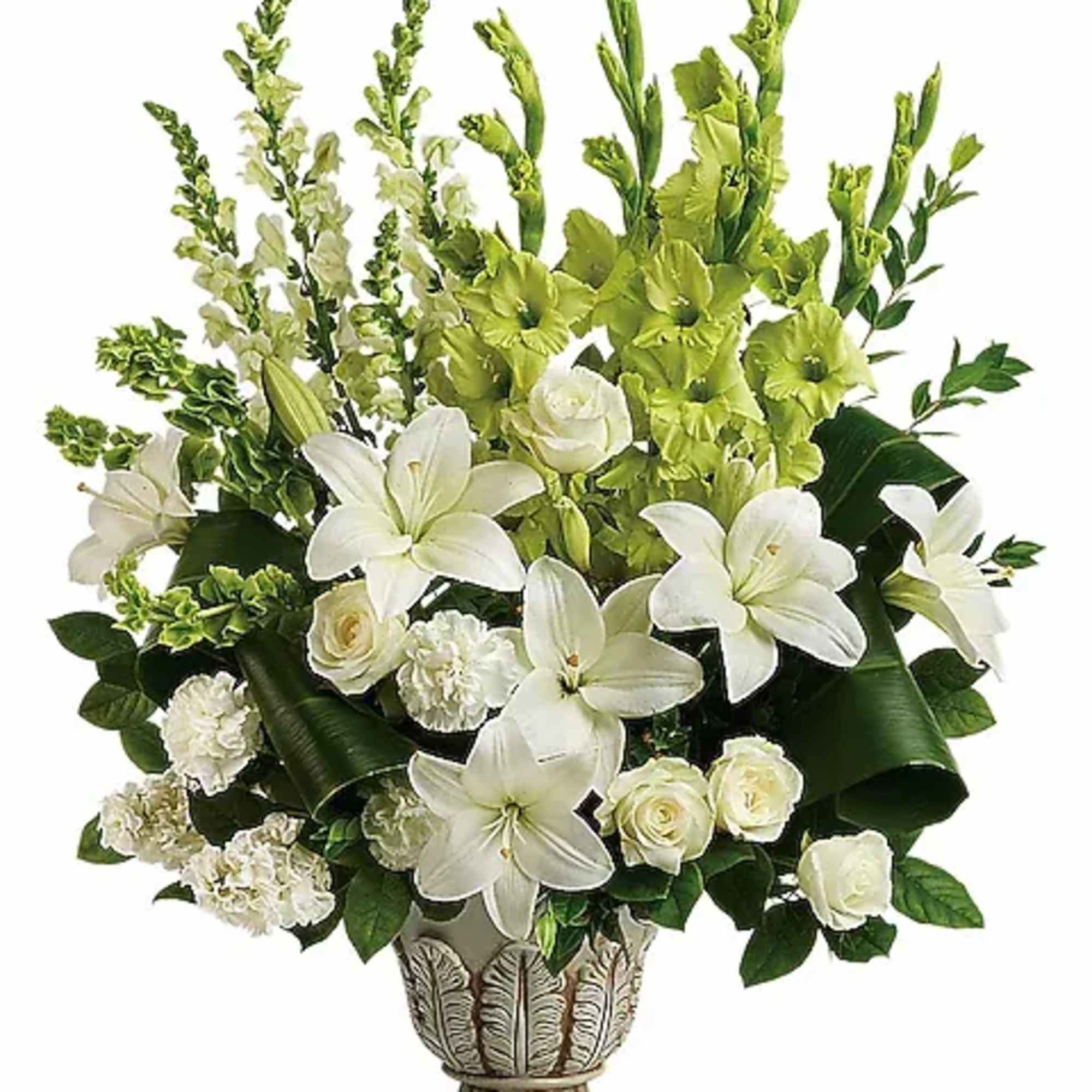 Peaceful and majestic in a large antiqued pot, this wondrous white arrangement