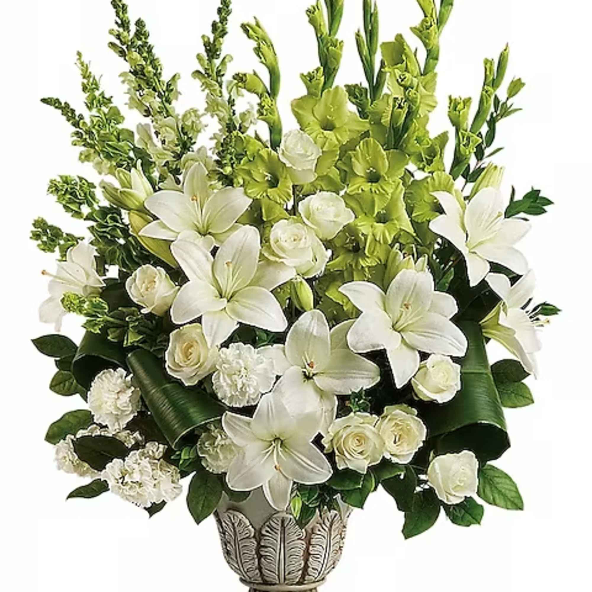 Peaceful and majestic in a large antiqued pot, this wondrous white arrangement