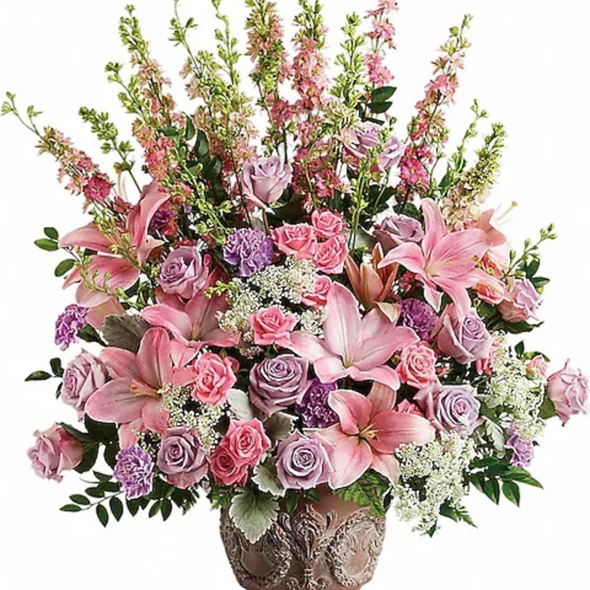 A touching tribute to a beloved woman, this beautiful, soft pink and