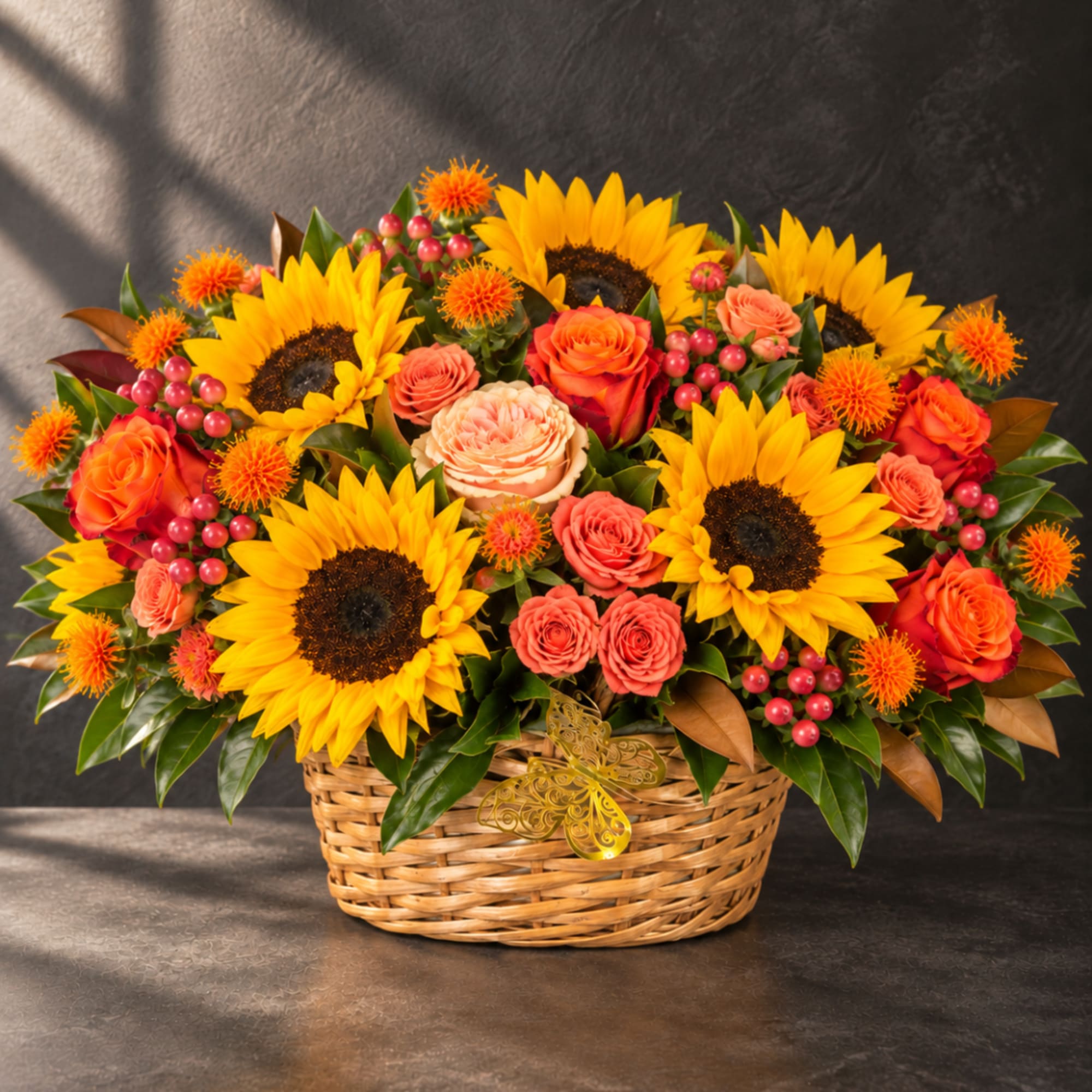 Basket arrangement of sunflowers, orange roses, and pink berries