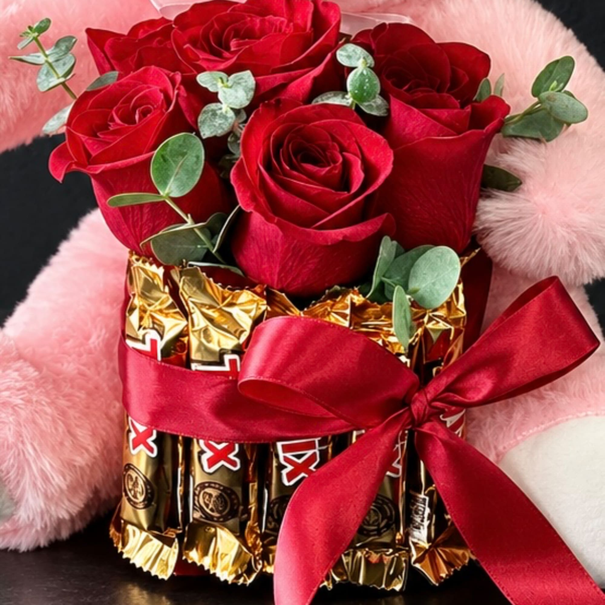 Red roses arranged with eucalyptus in a gold-wrapped gift box tied with a red ribbon