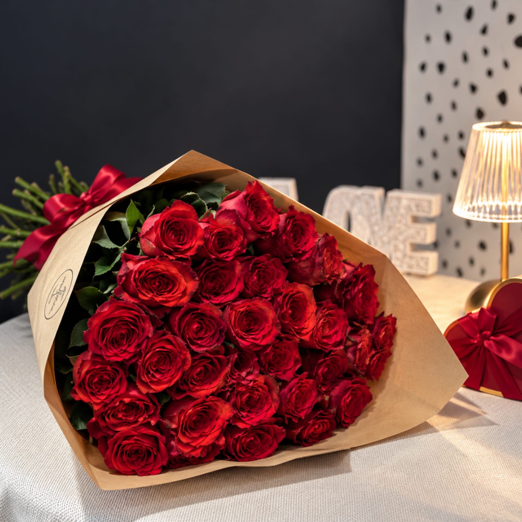 Bouquet of red roses wrapped in brown paper with a red ribbon
