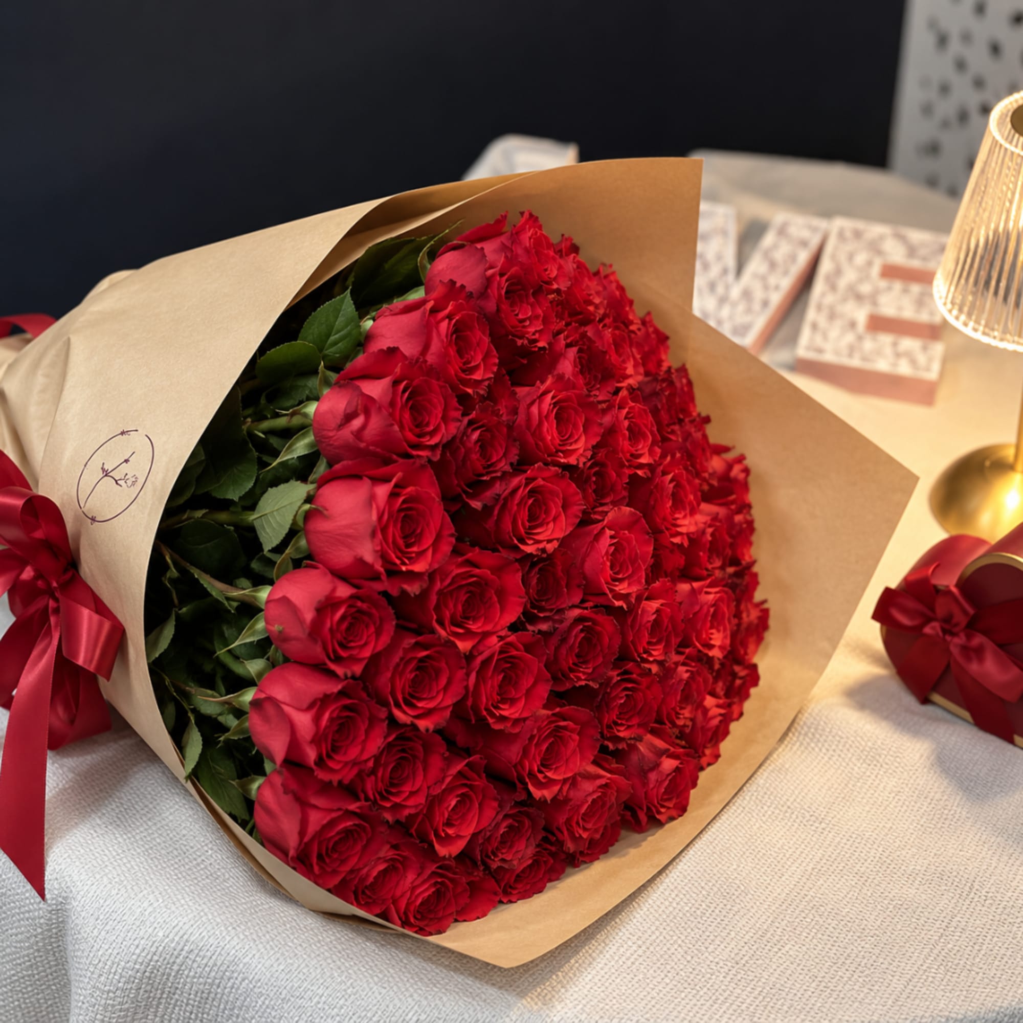Large bouquet of red roses wrapped in brown paper with a red ribbon