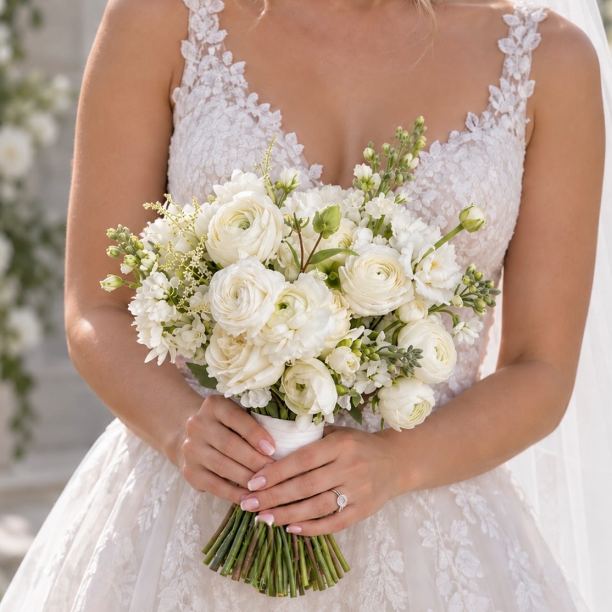 Bride holding a white bouquet of roses and ranunculus