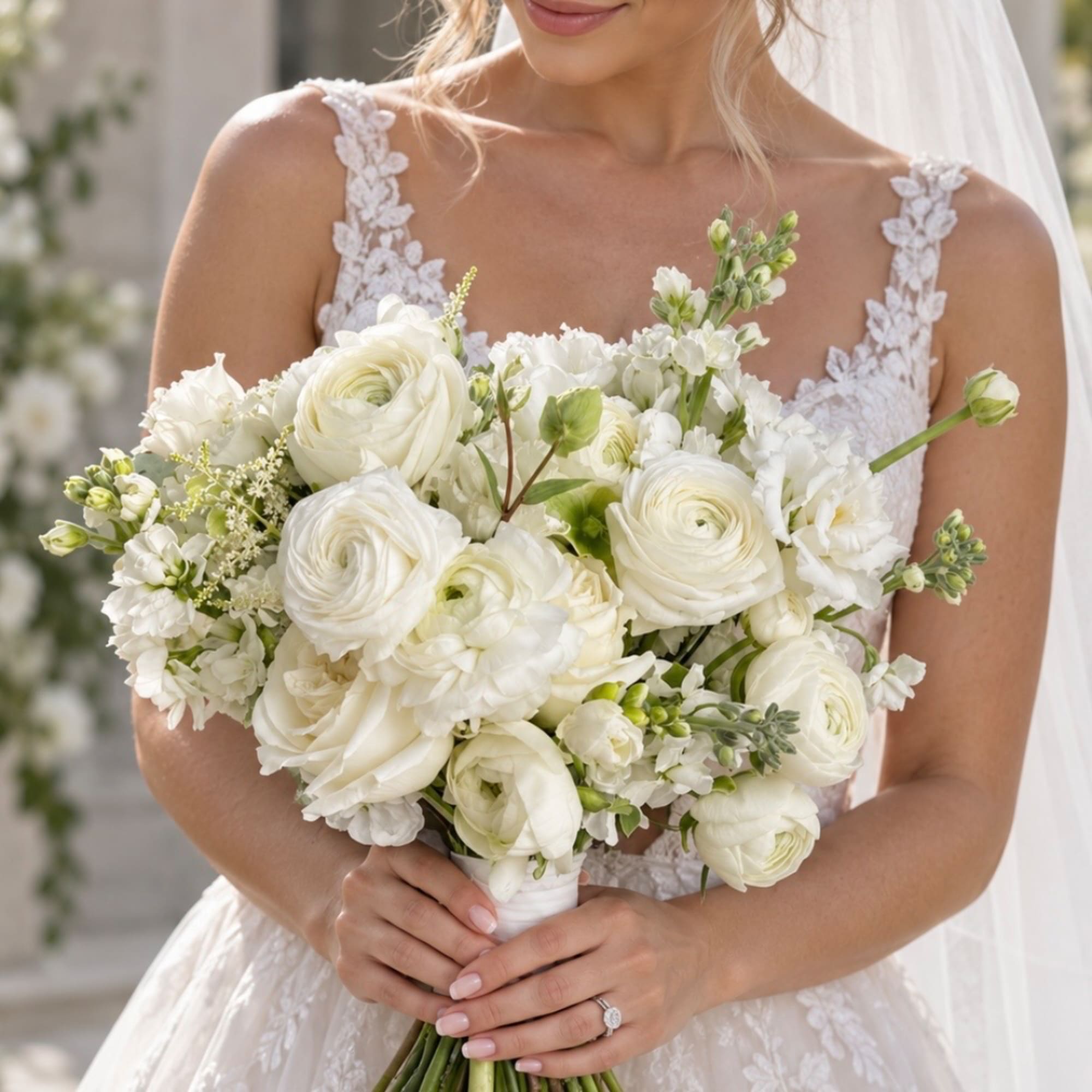 Bride holding a white bouquet of roses and ranunculus