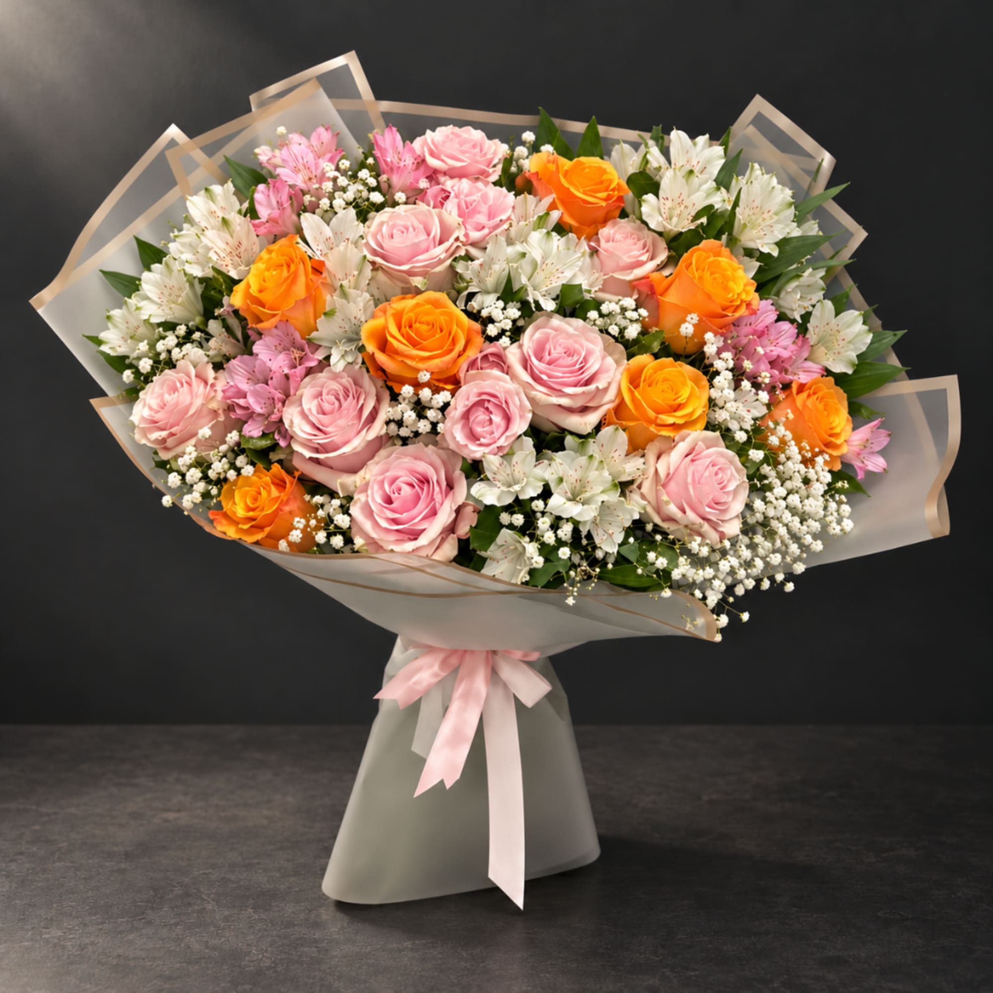 Bouquet of pink, orange, and white flowers wrapped in translucent paper