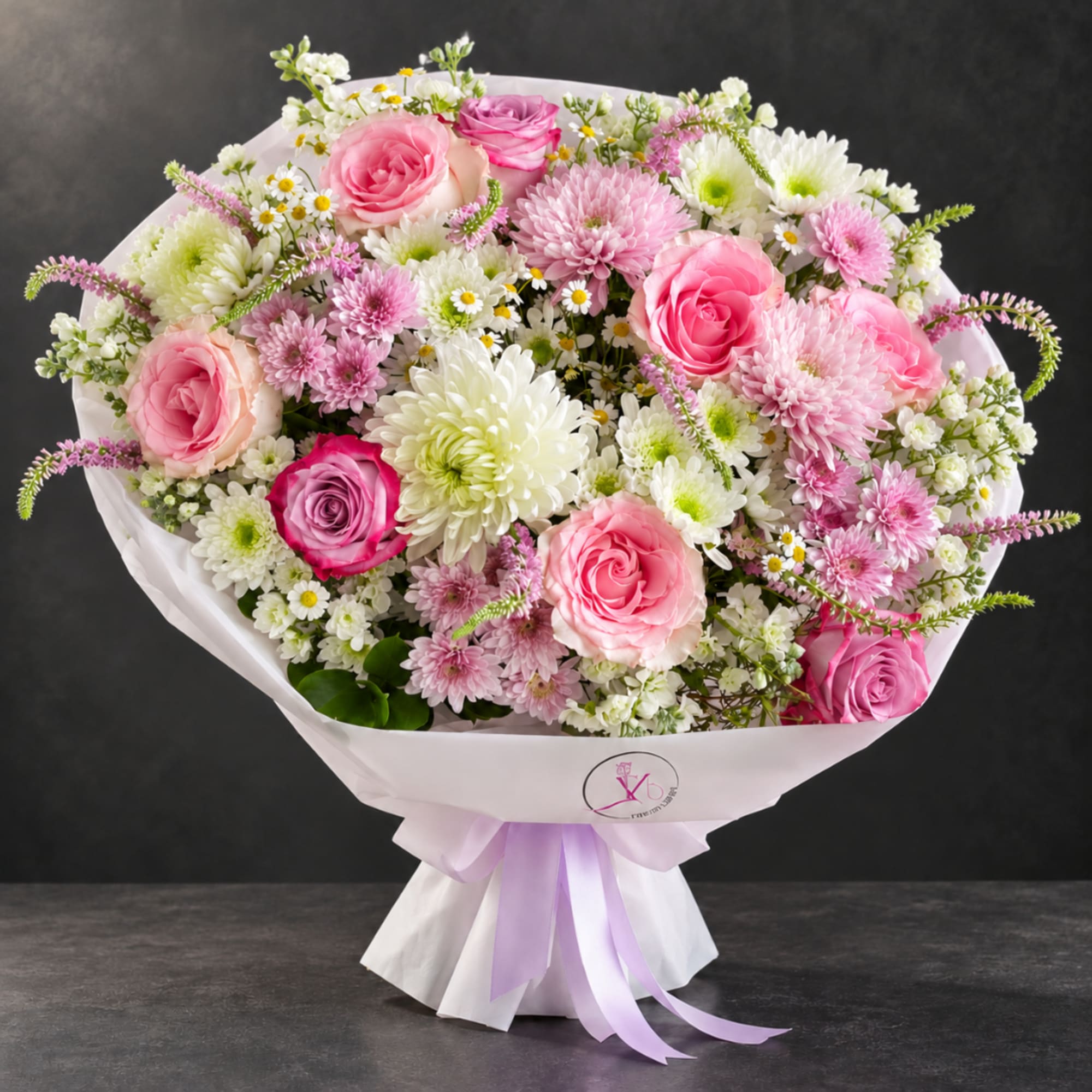 Pink and white mixed bouquet with roses and daisies wrapped in pale paper