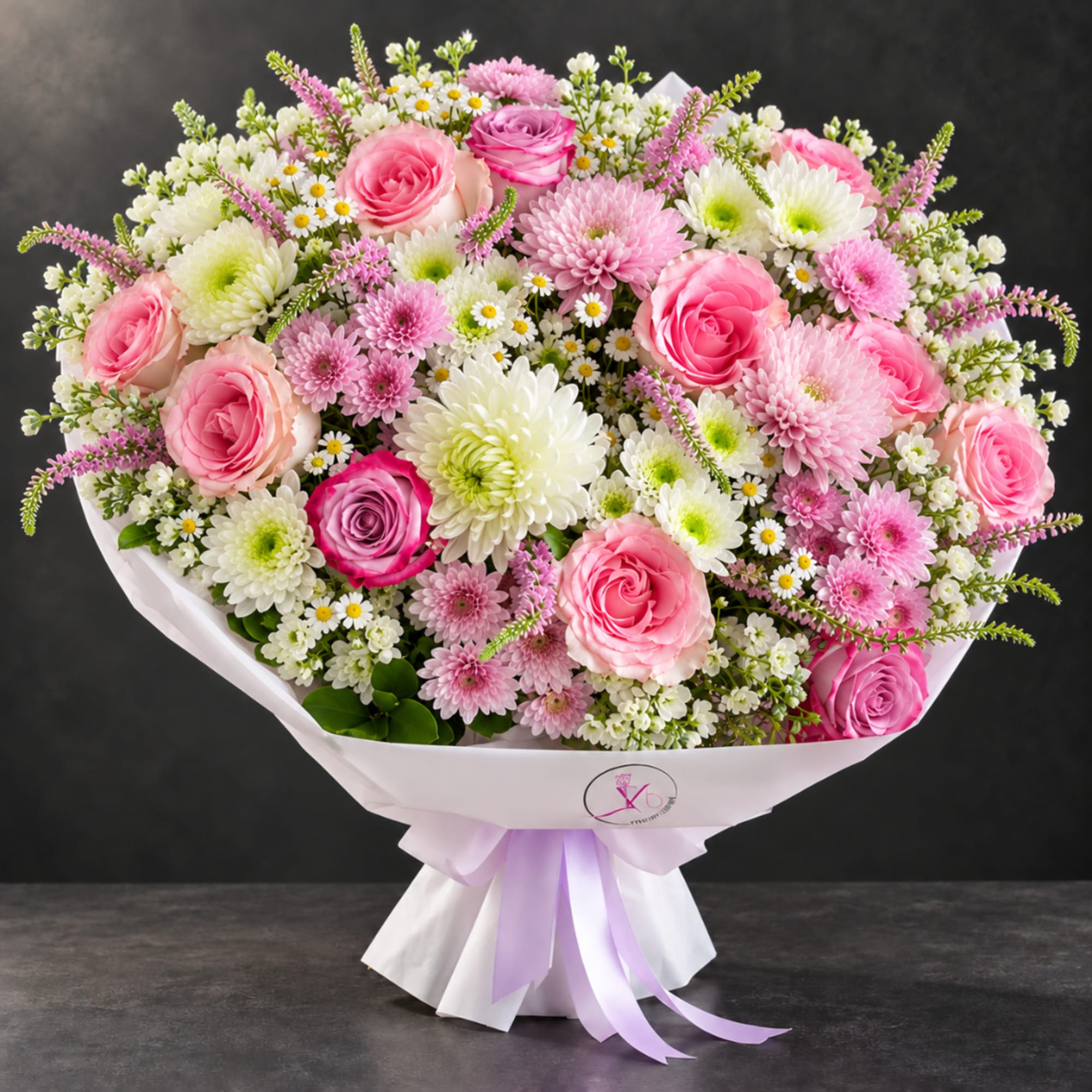 Pink and white mixed bouquet with roses and daisies wrapped in white paper