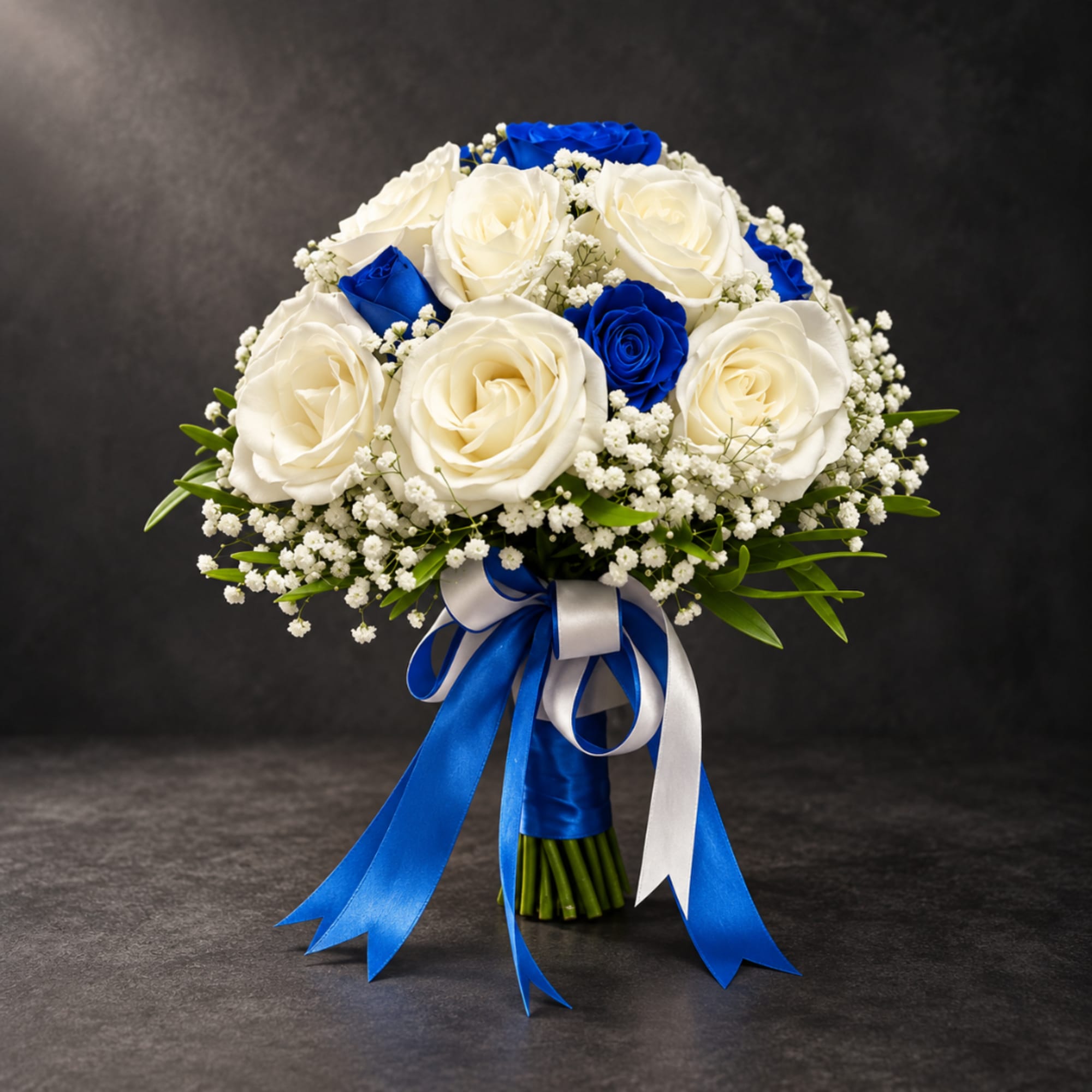 Wedding bouquet of white and blue roses tied with blue and white ribbons