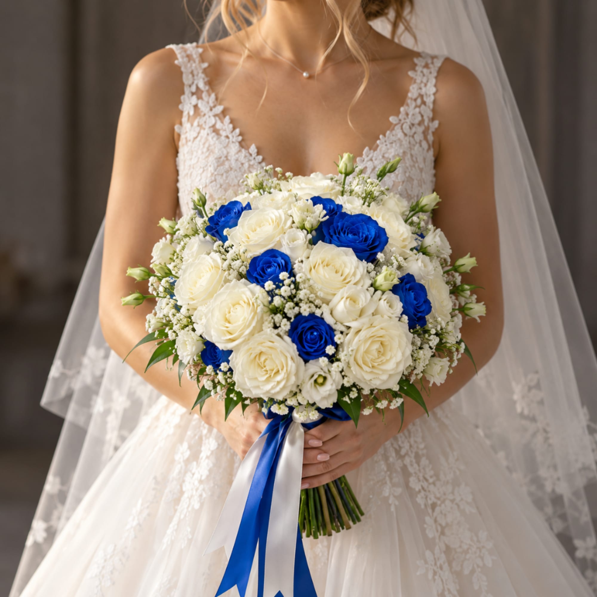 Bride holding a bouquet of white and blue roses with ribbon streamers