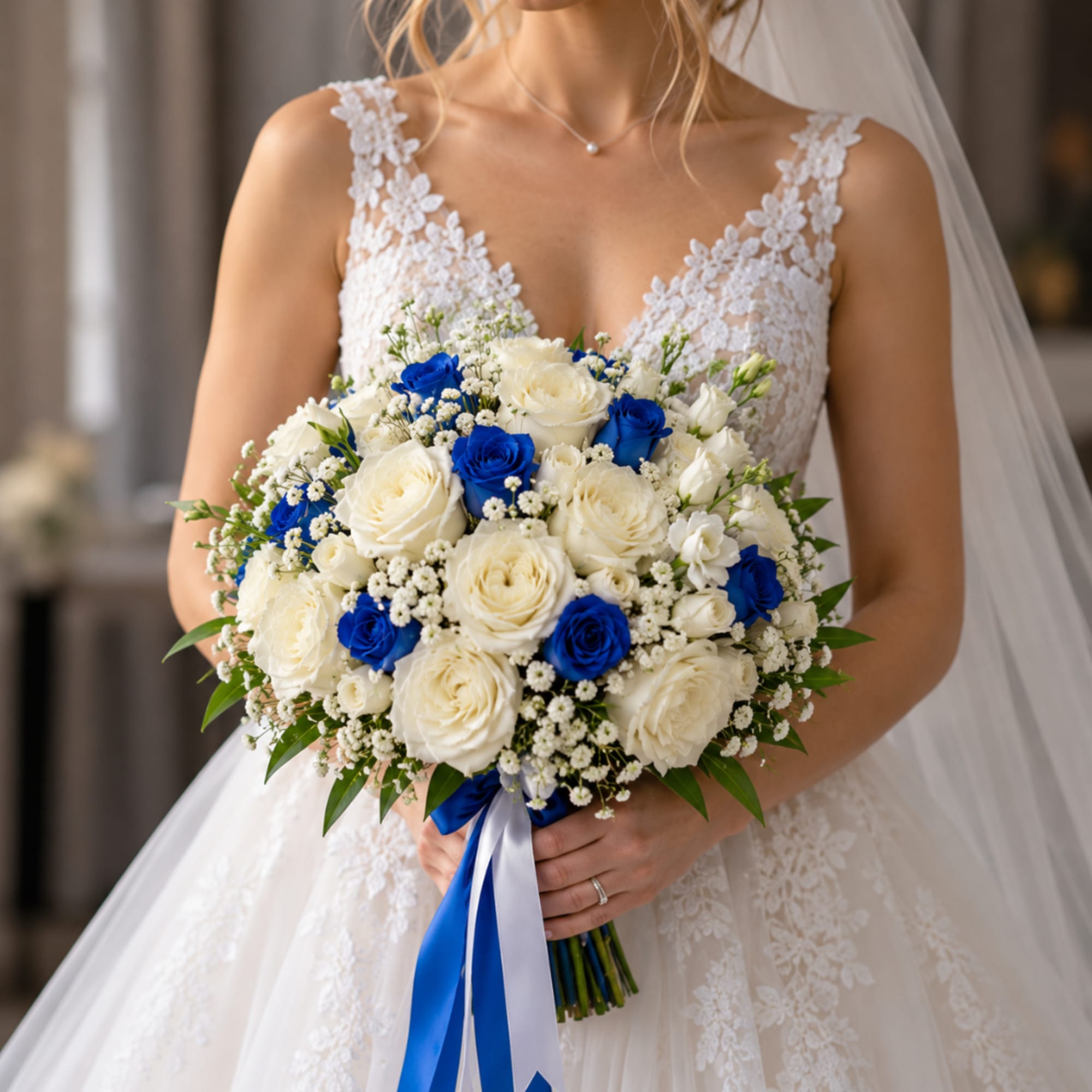 Bride holding a bouquet of white and blue roses with ribbon