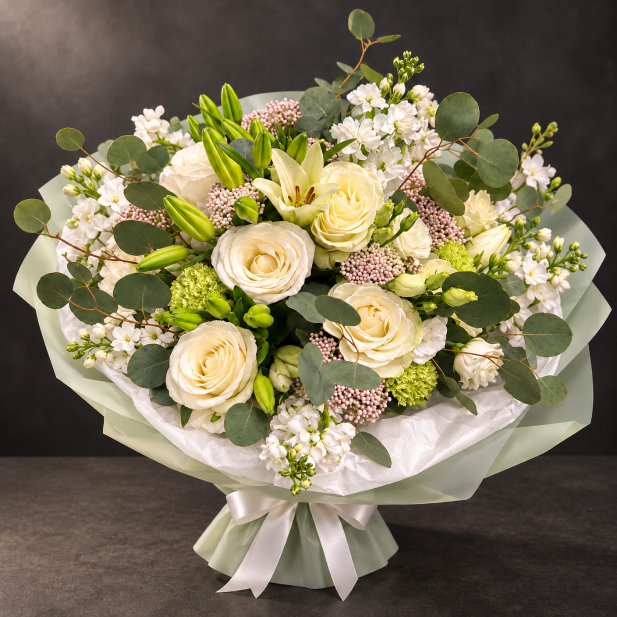 Bouquet of cream roses, white lilies, and white filler flowers with eucalyptus