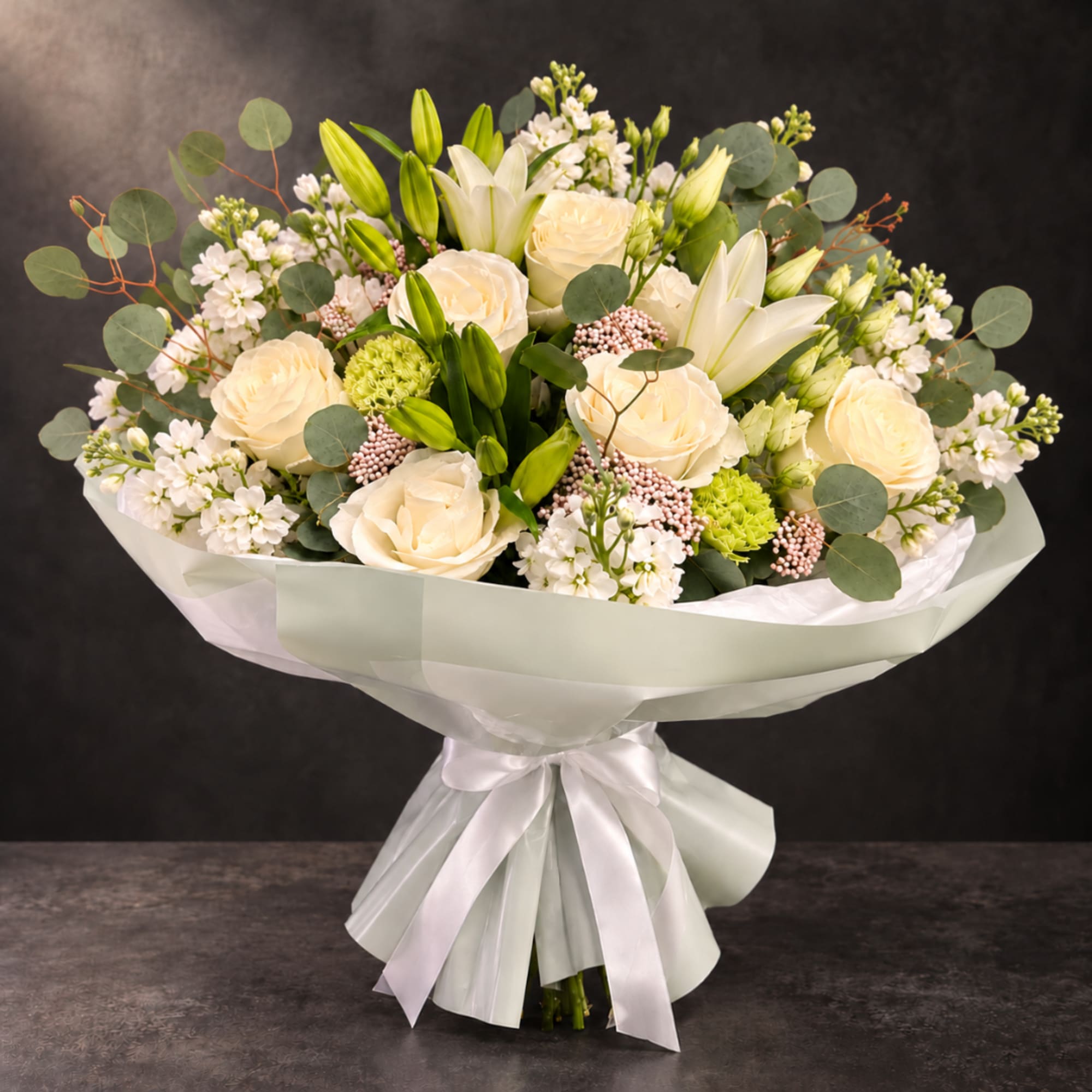 Bouquet of cream roses and white lilies wrapped in pale paper with a ribbon
