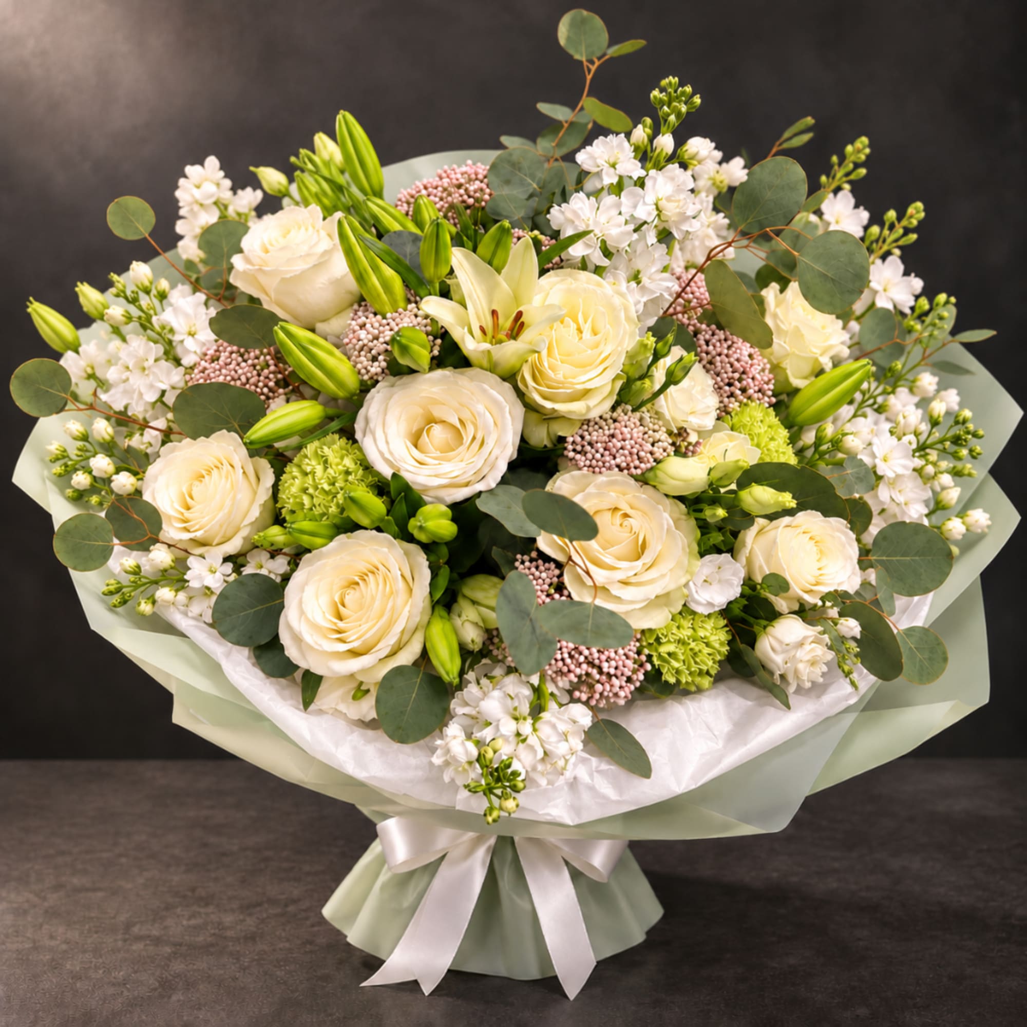 Cream roses and lilies arranged in a wrapped bouquet with eucalyptus