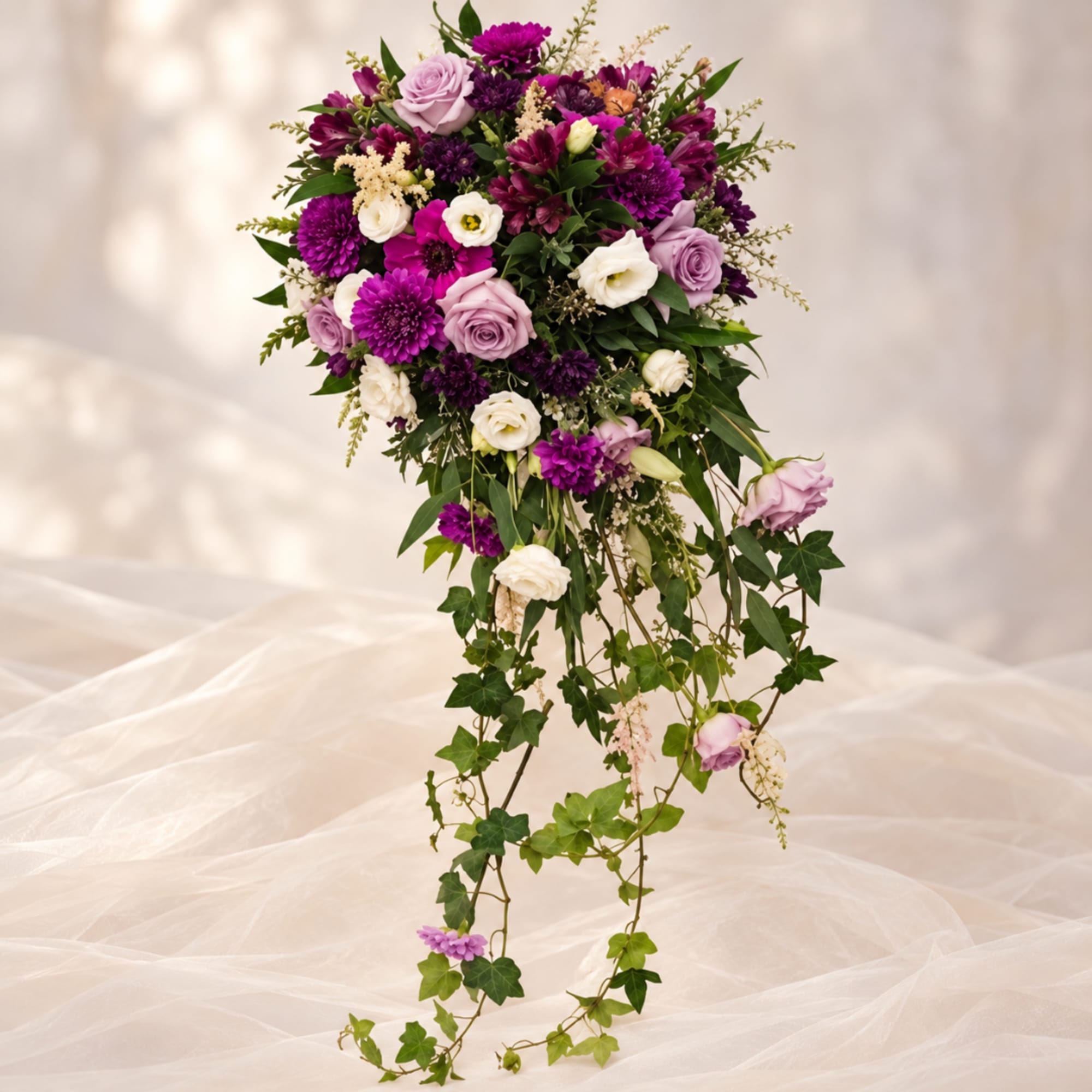 Purple and white wedding bouquet with trailing greenery