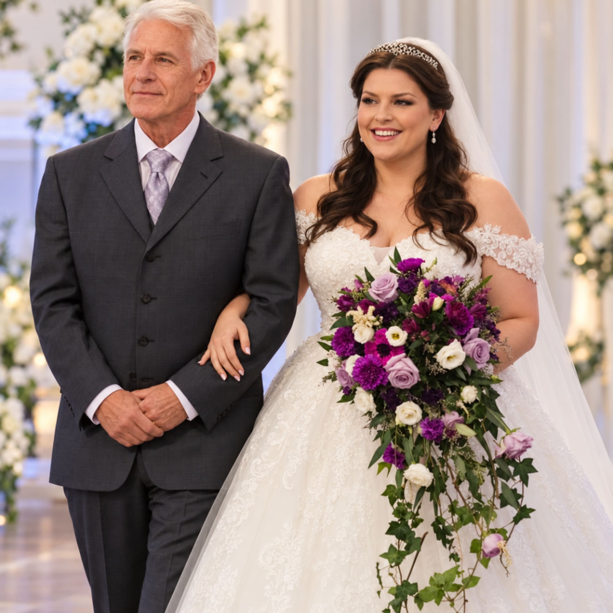 Bride holding a cascading purple and white bouquet beside a man in a suit