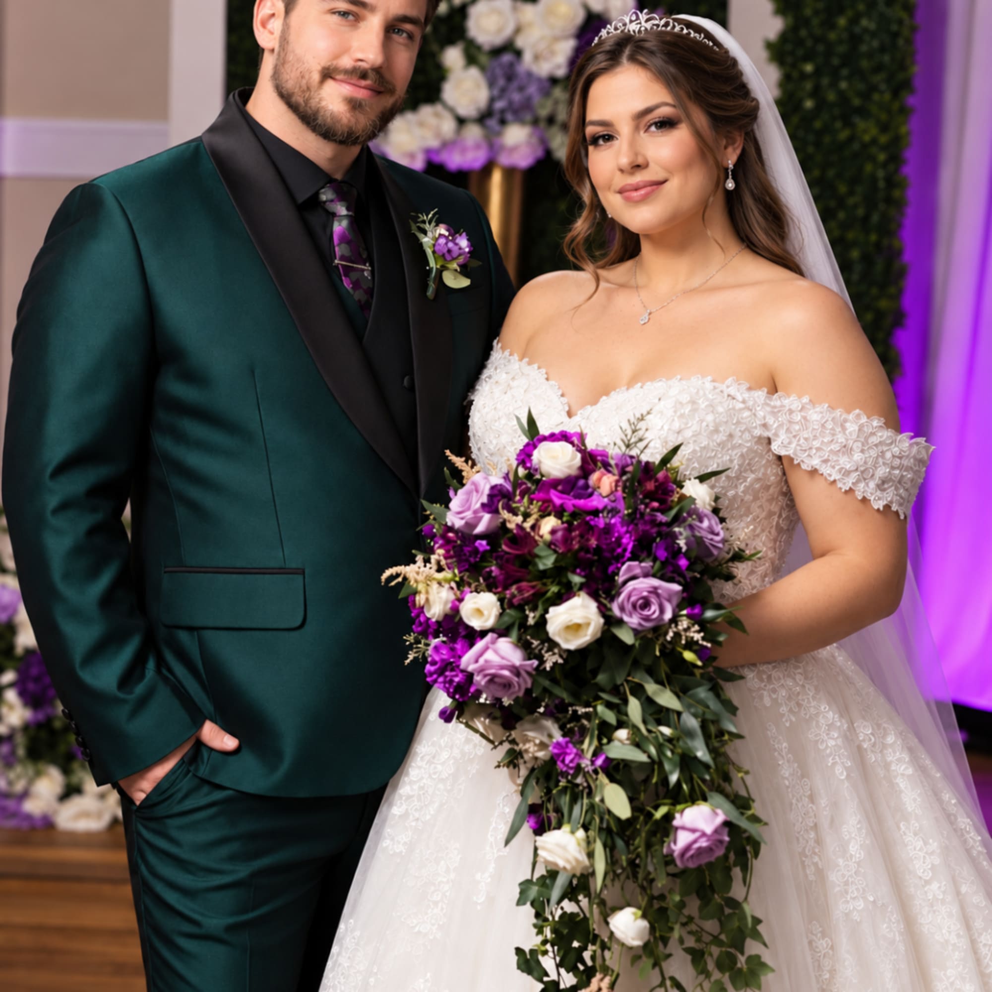 Bride and groom posing with a purple and white wedding bouquet