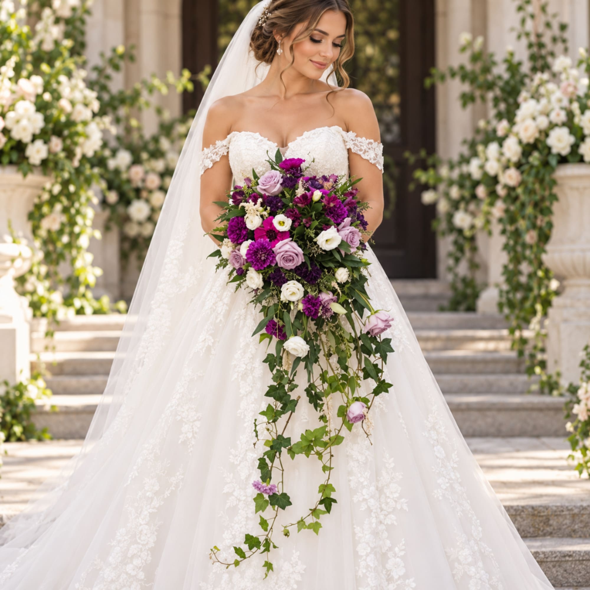 Bride holding a cascading bouquet of purple, lavender, and white flowers