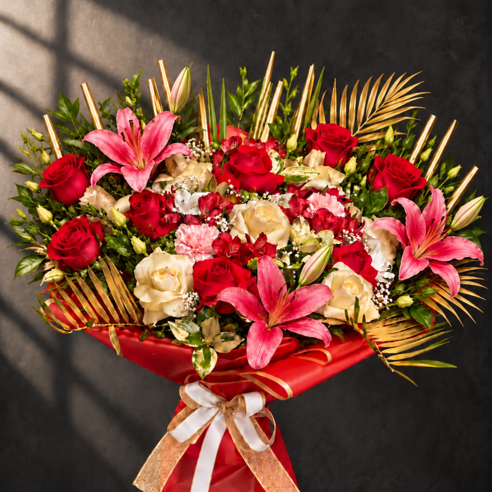 Bouquet of red roses and pink lilies with cream flowers in red wrap