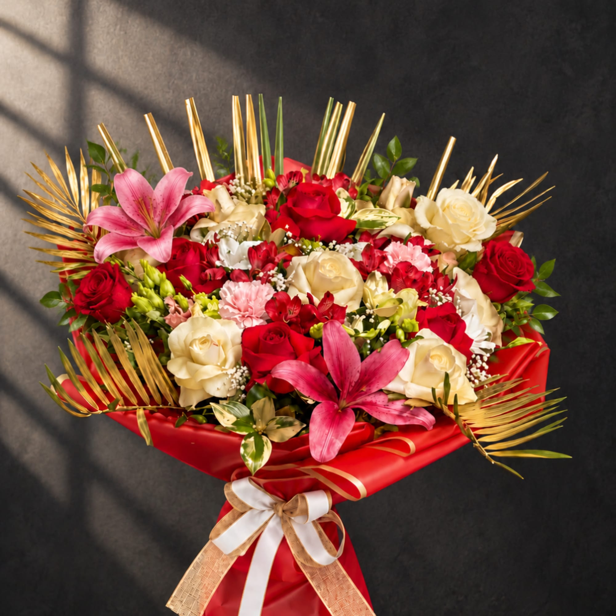 Bouquet of red and cream roses with pink lilies and gold accents