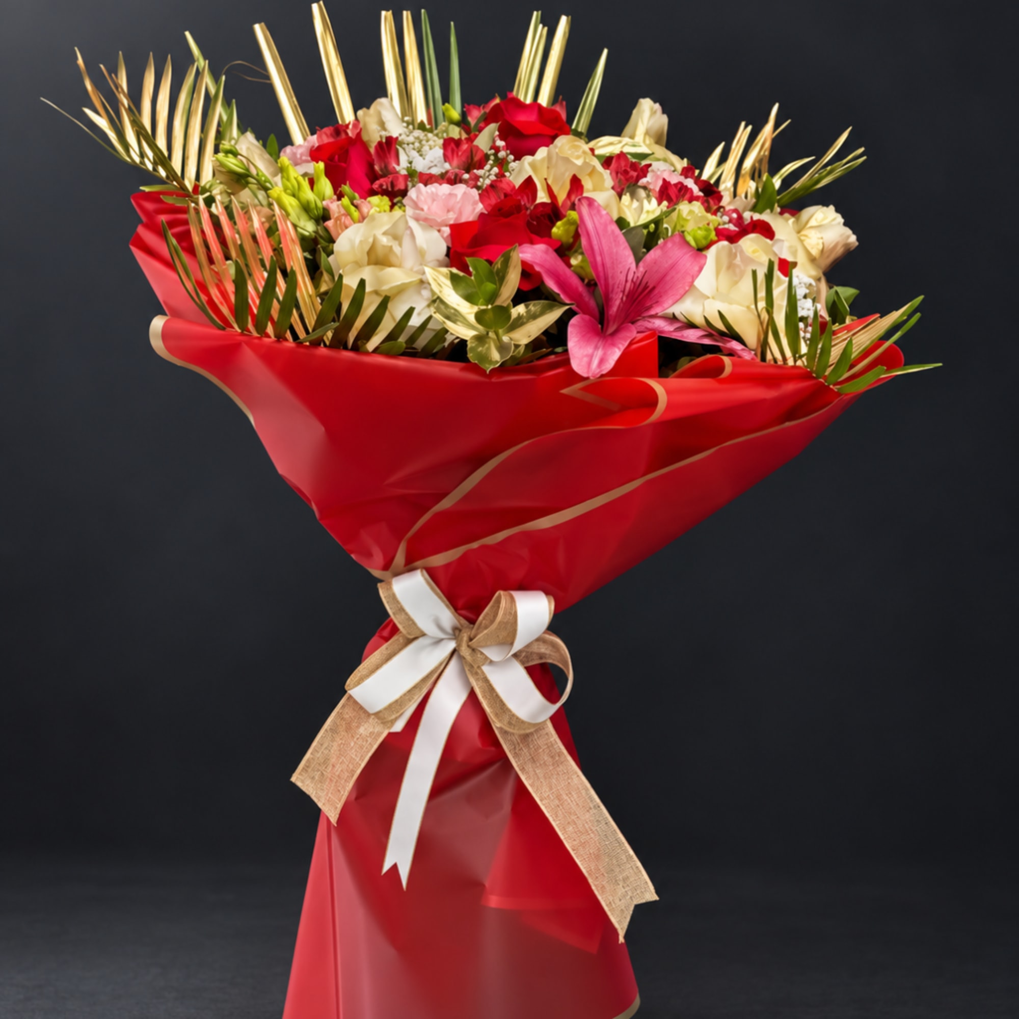 Red and cream bouquet with a pink lily wrapped in red paper