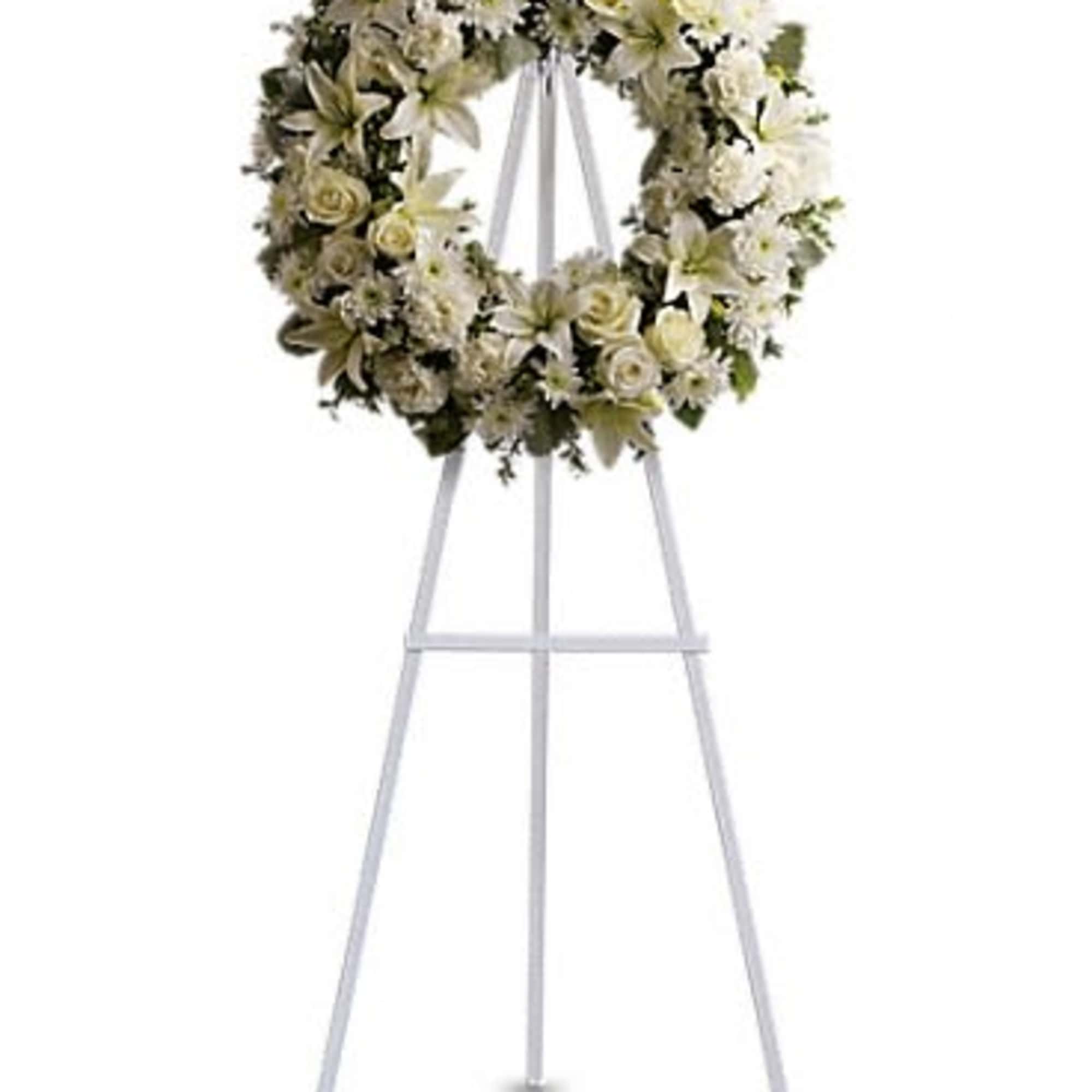 White floral wreath on a standing easel, photo 2 of 2