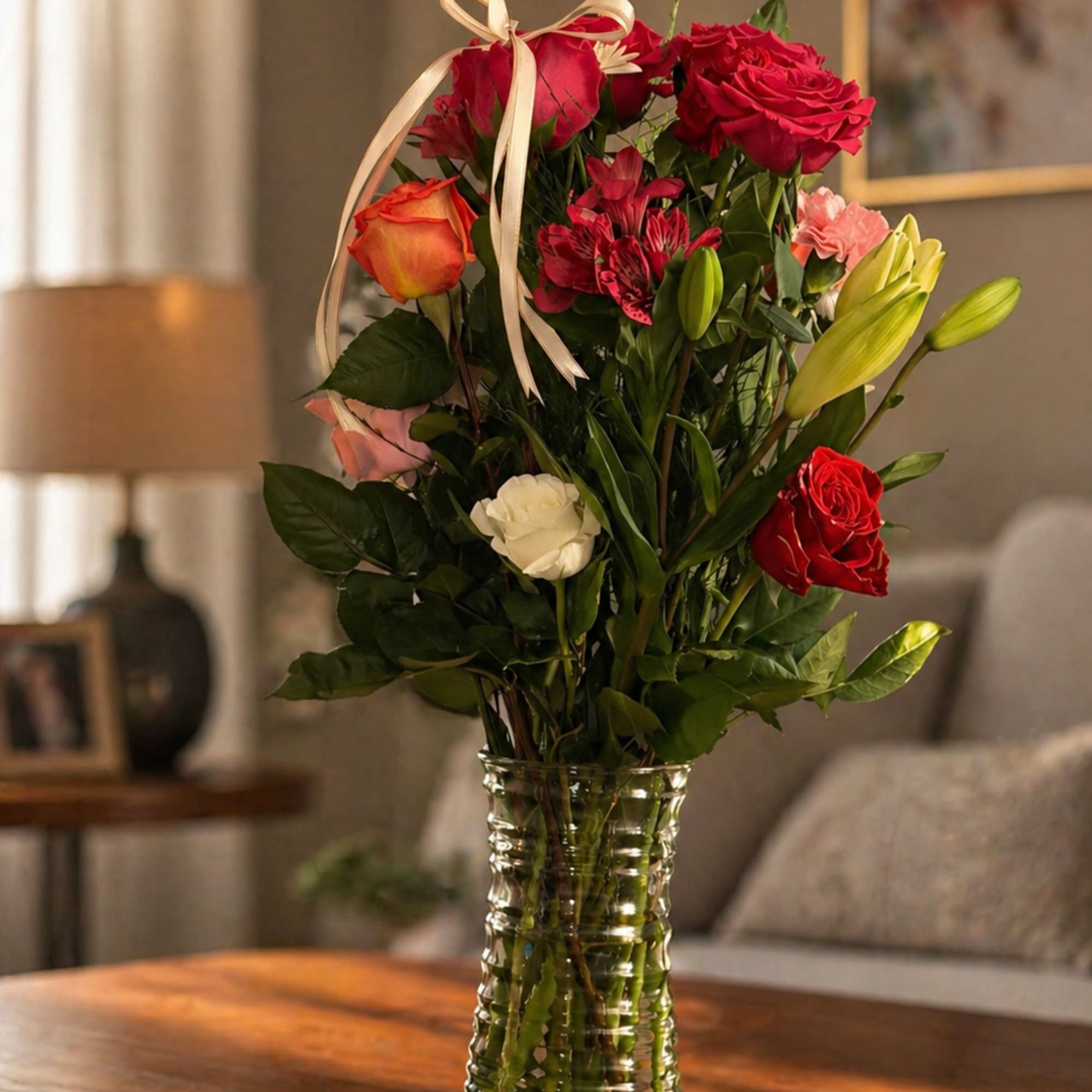 A lush, tall display of red, pink, white, and yellow blooms that