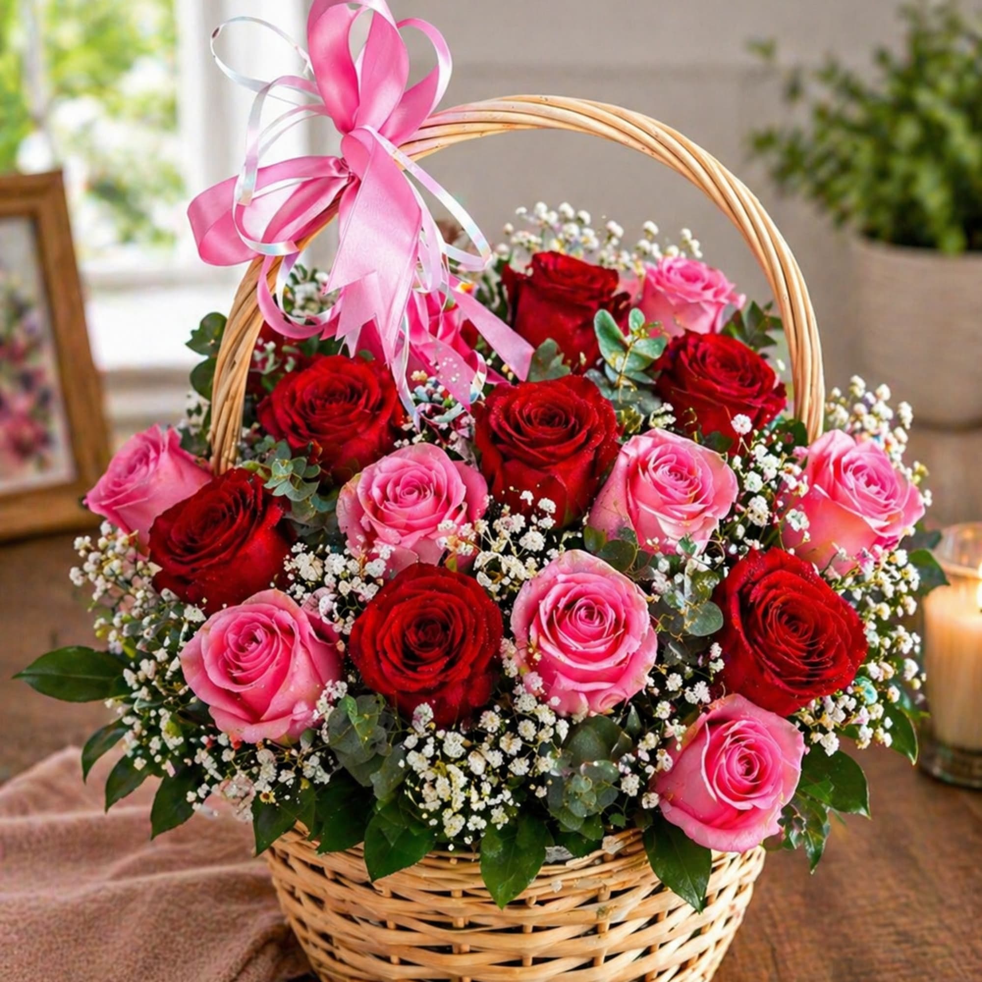A lush wicker basket overflowing with red and pink roses creates an