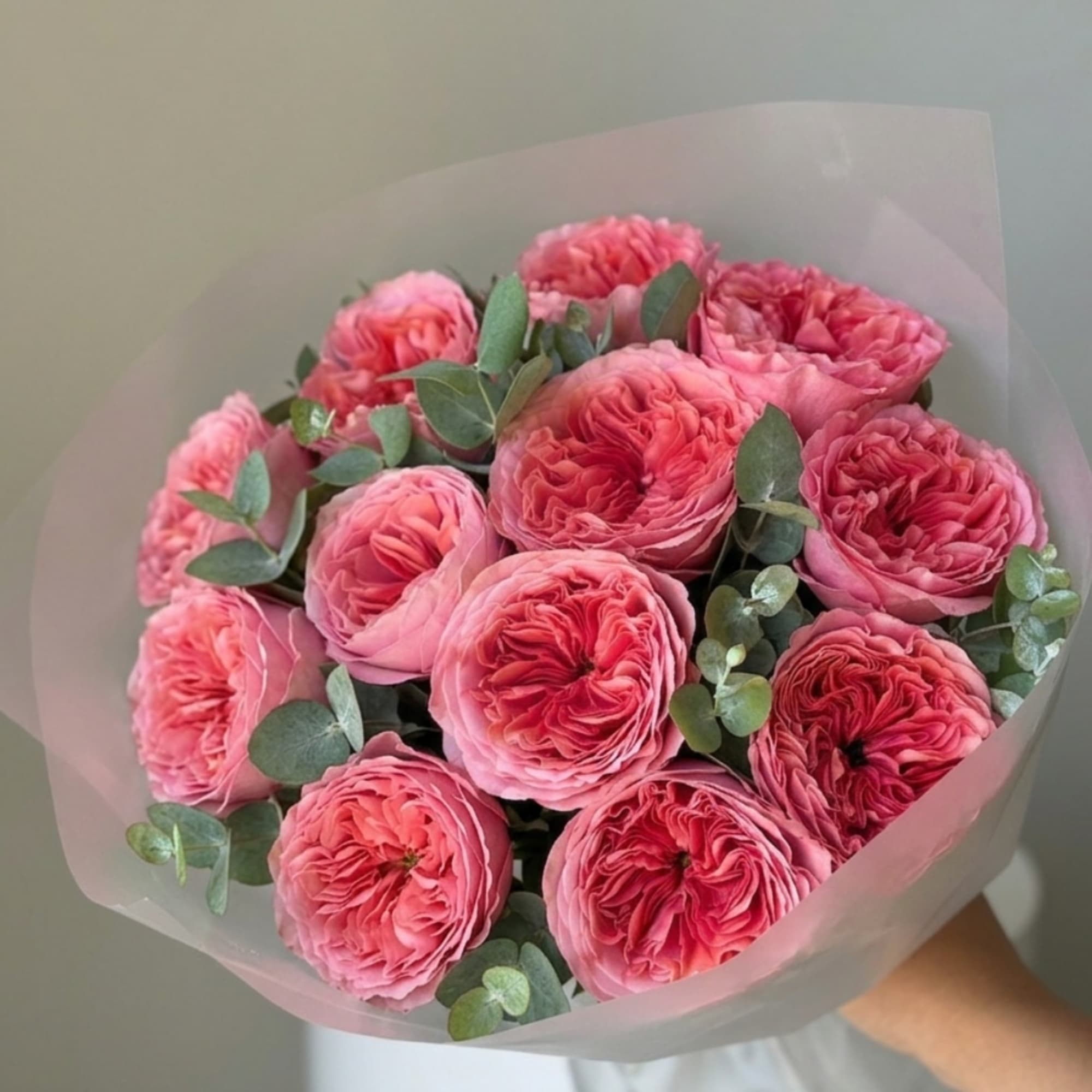 Bouquet of pink roses wrapped in pale pink paper