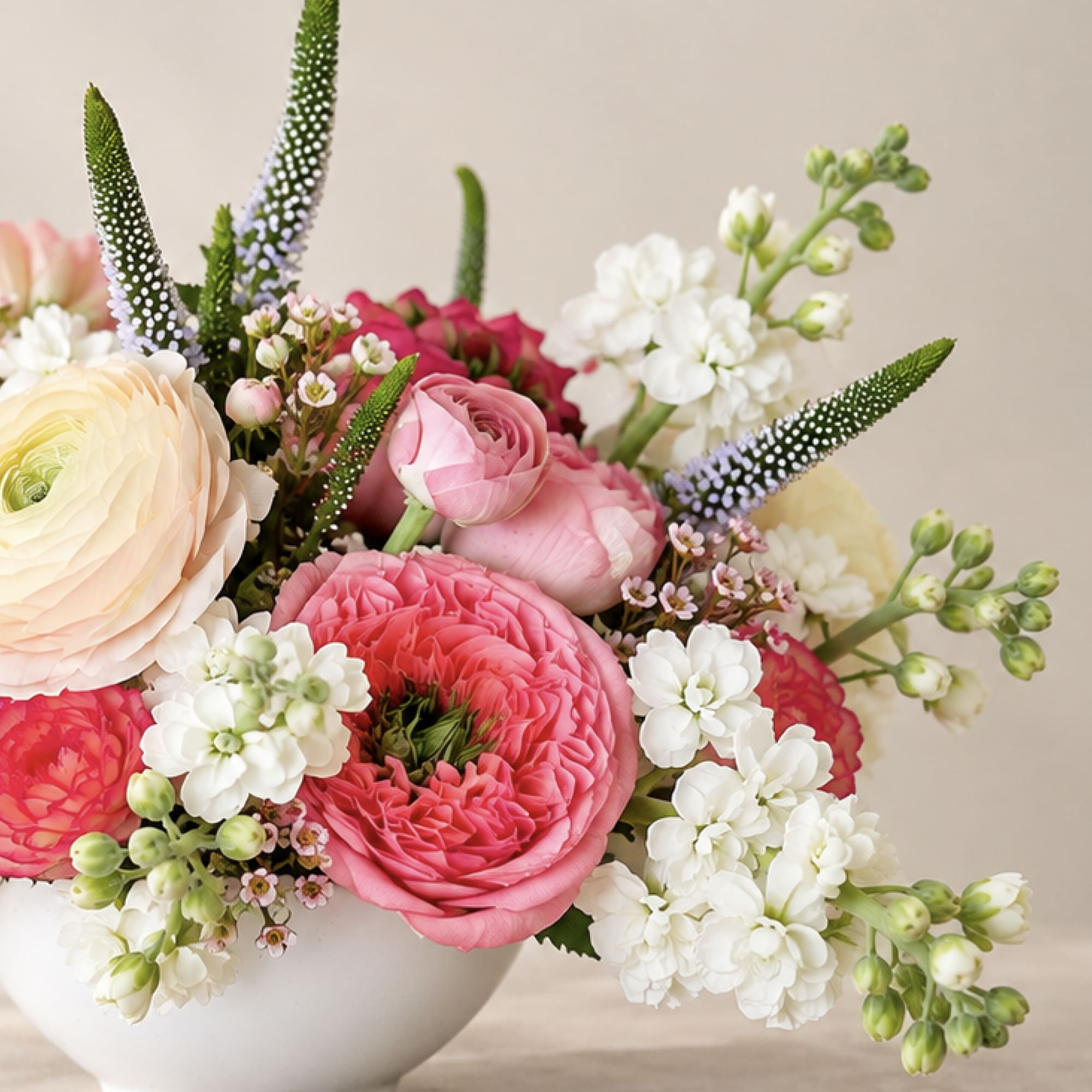 Pink and white mixed flower arrangement in a white bowl vase, photo 2 of 3