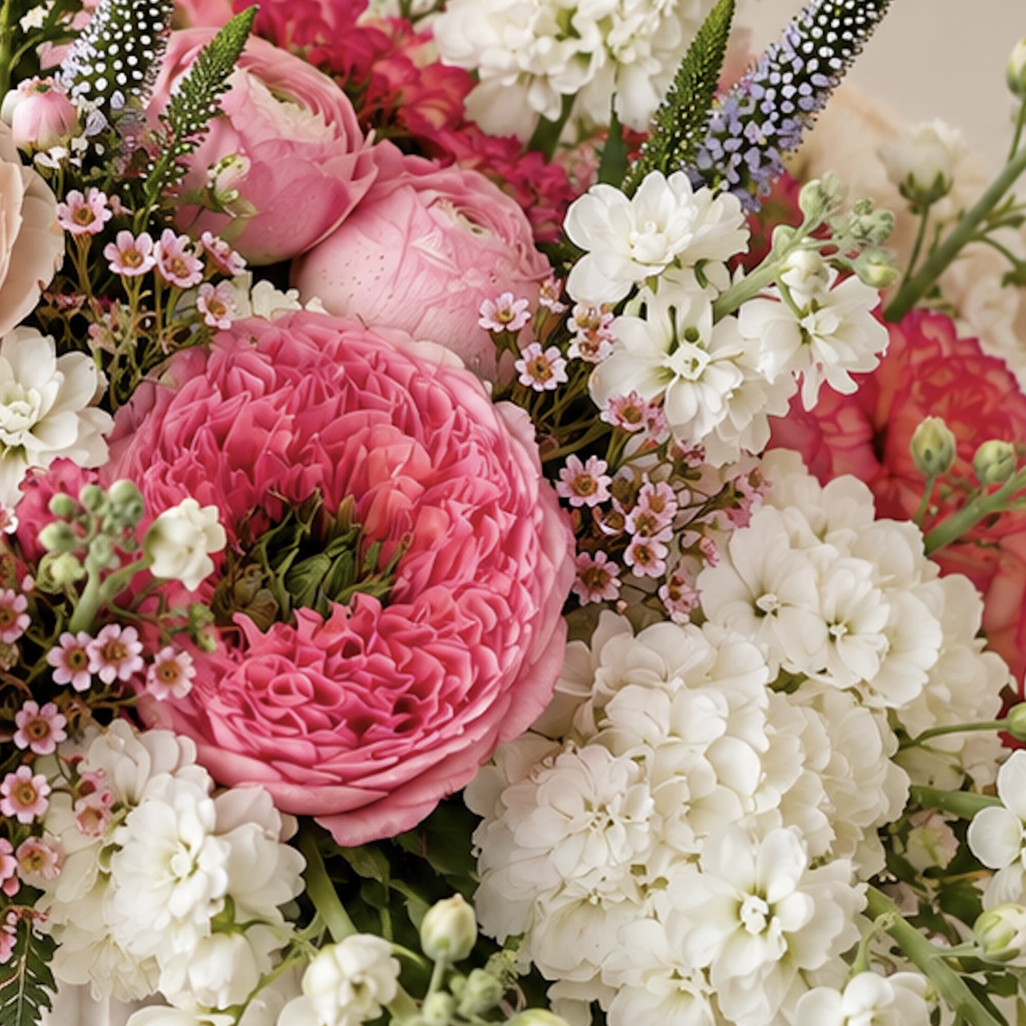 Pink and white mixed flower bouquet with large round blooms